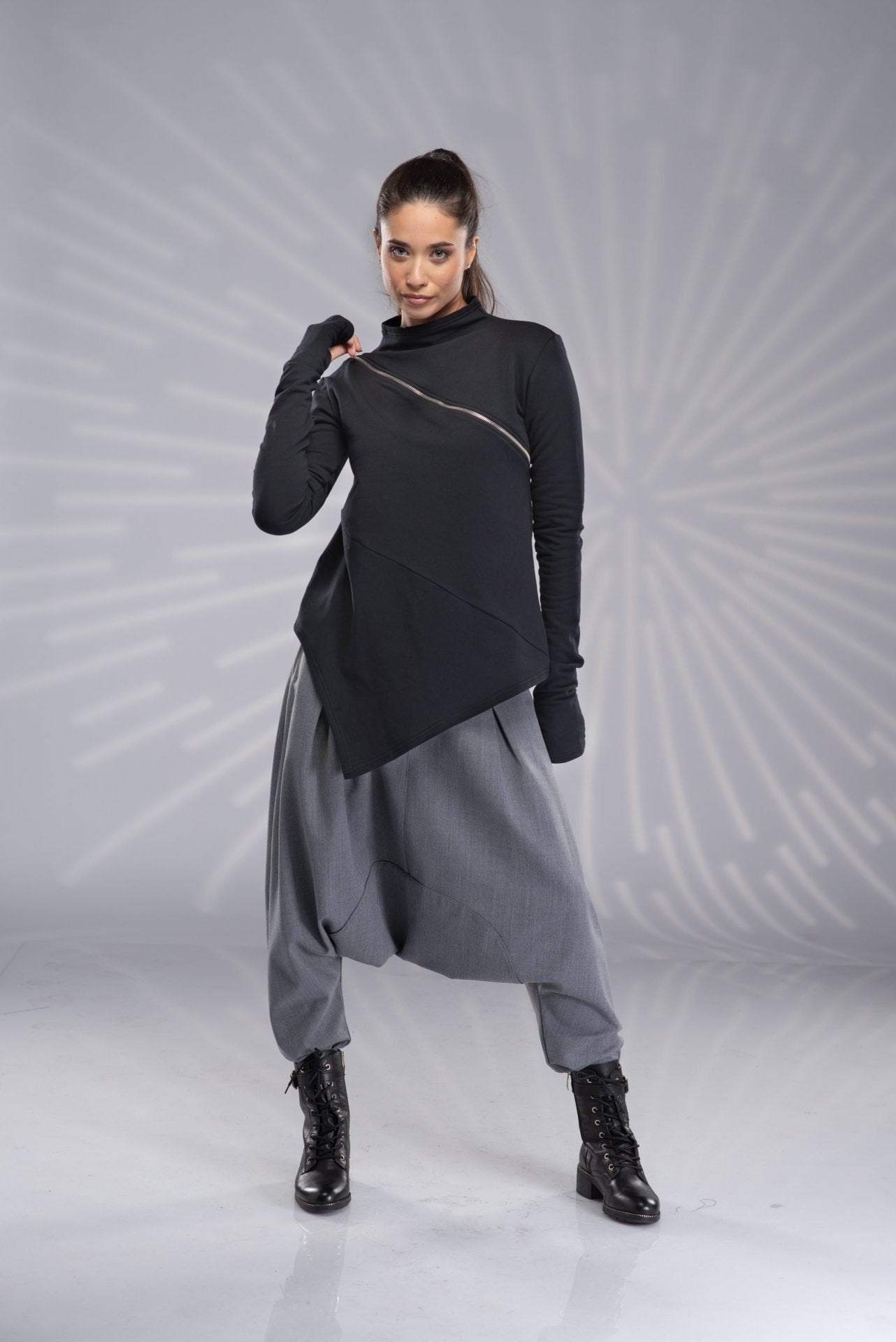 Asymmetrical Black Off Shoulder Fitted Tunic Blouse with Zipper and Thumb Holes