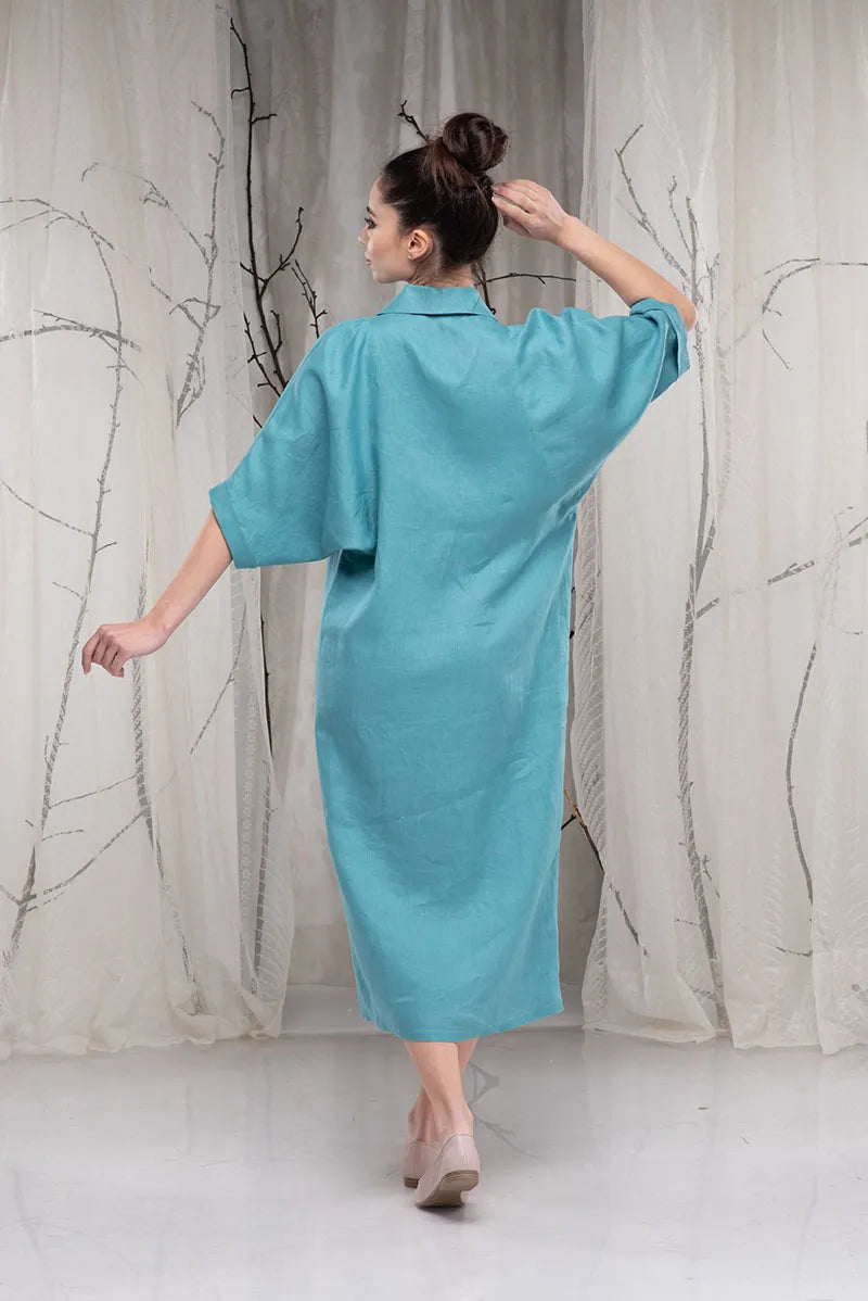 Linen Front Button Boho Dress with Shawl Collar