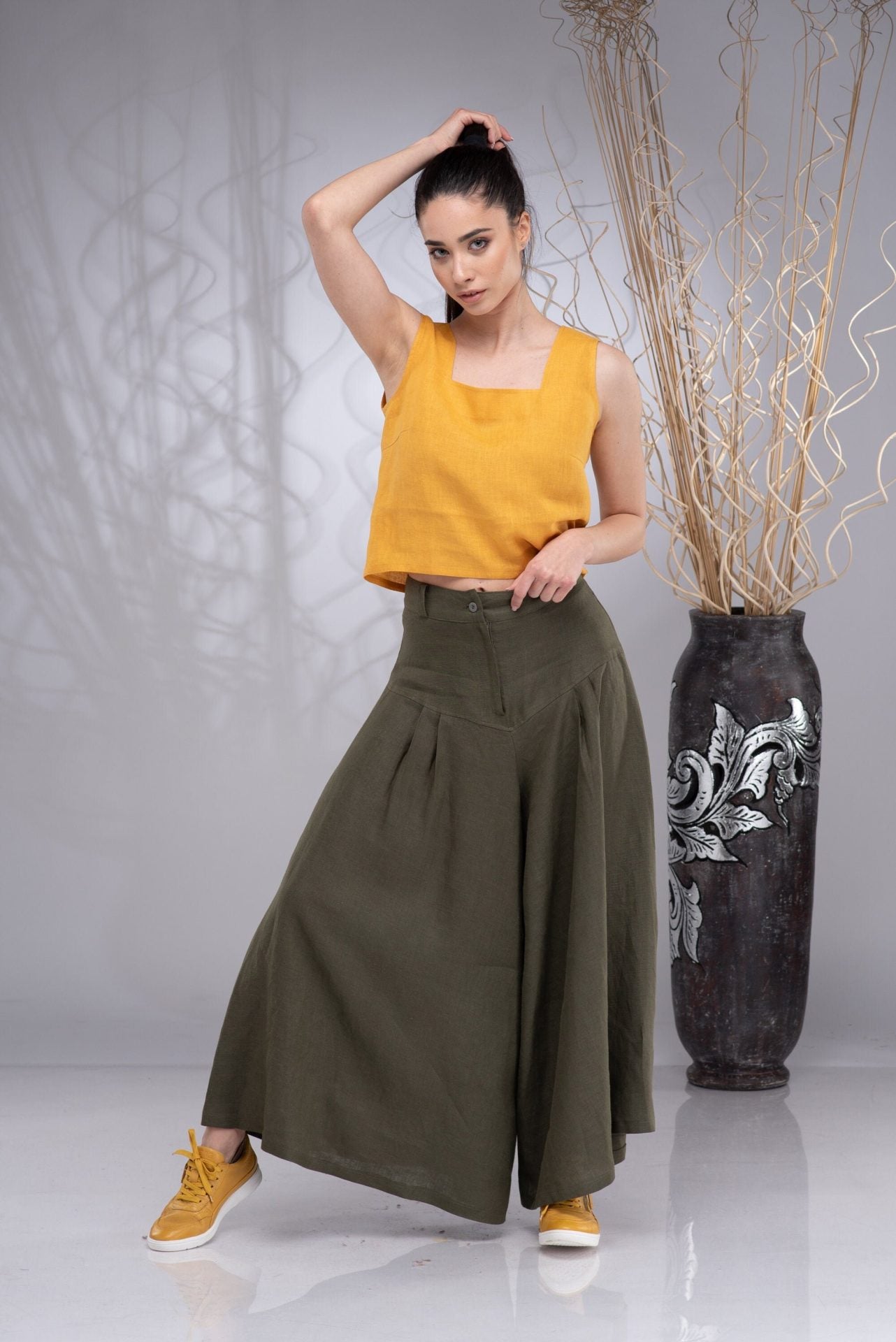 Linen Mustard Square Neck Crop Top