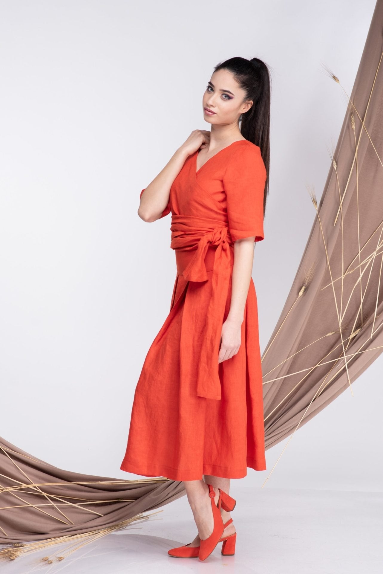 Linen Short Sleeves Wrap Top