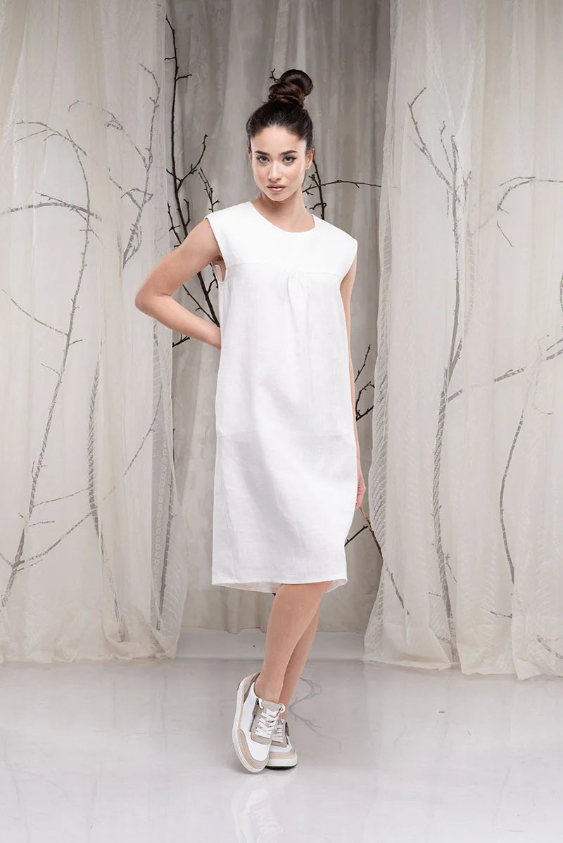 Linen White Knee Length Dress - A-line Midi Dress
