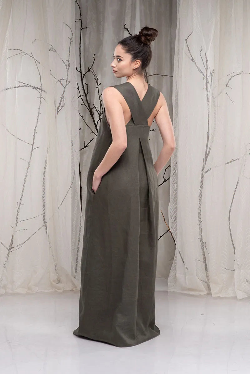 Linen Cross Back Maxi Dress with Square Neck