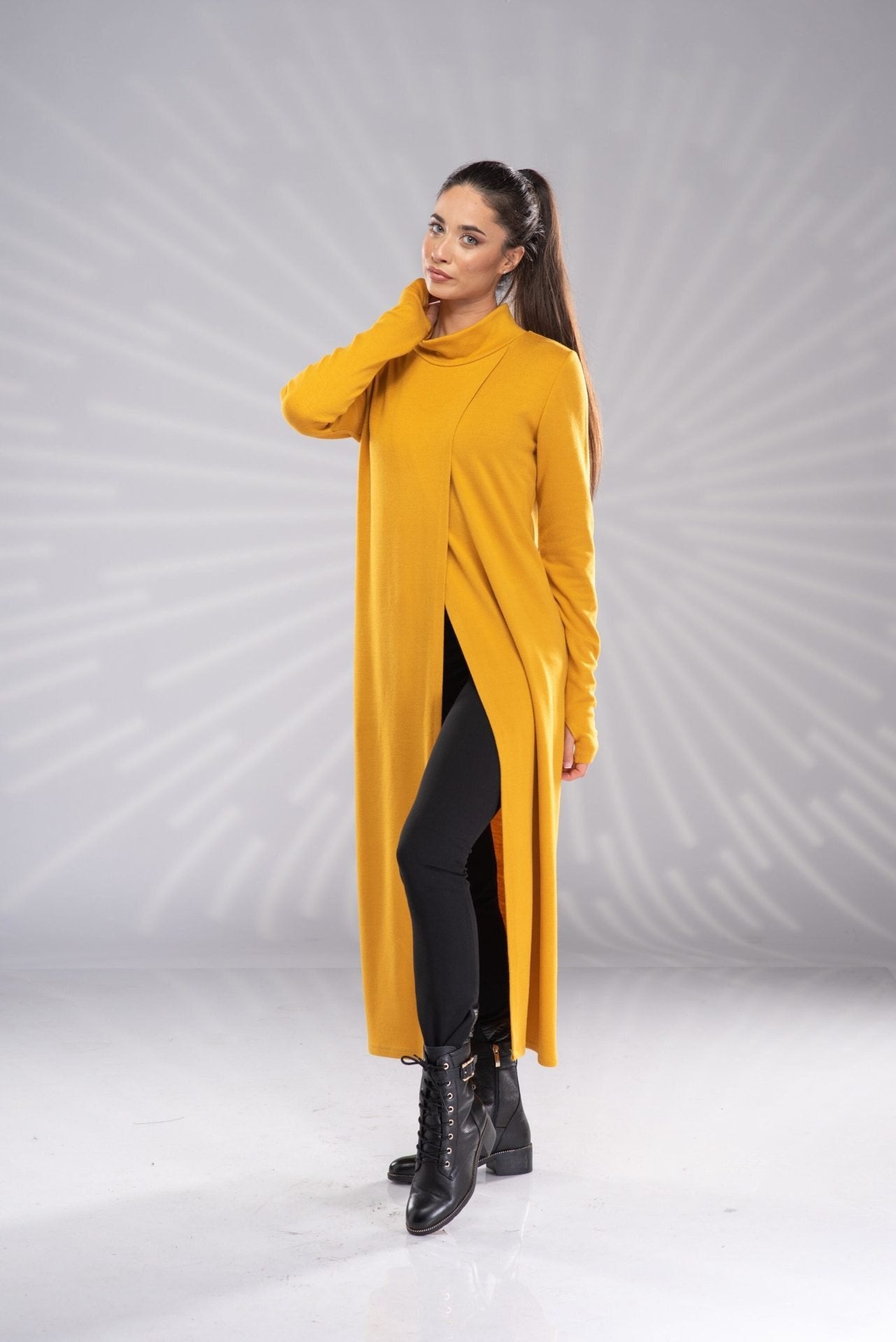 Knit Mustard Maxi Tunic Sweater Dress Side Slit with Turtleneck