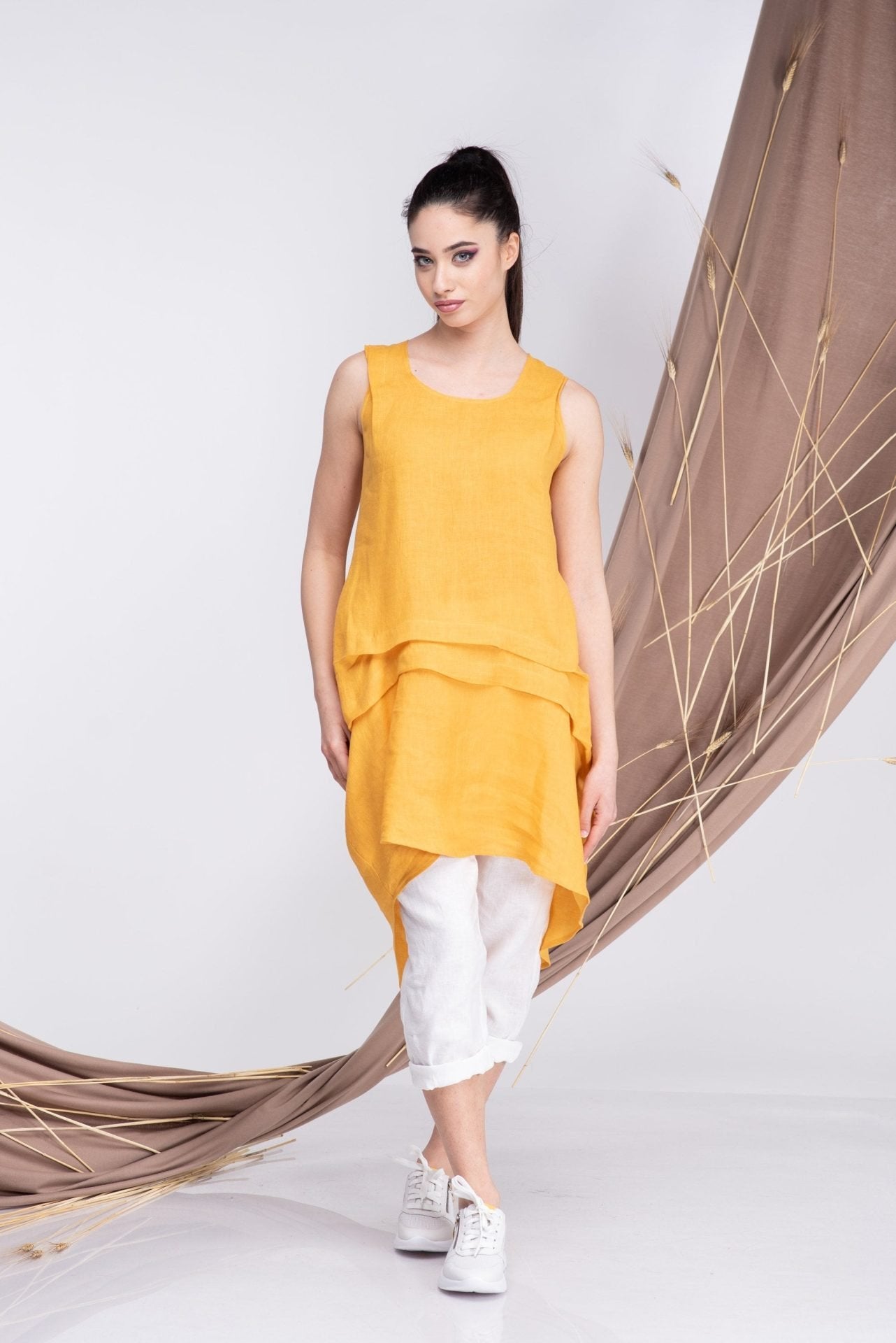 Mustard Linen Sleeveless Tunic Top