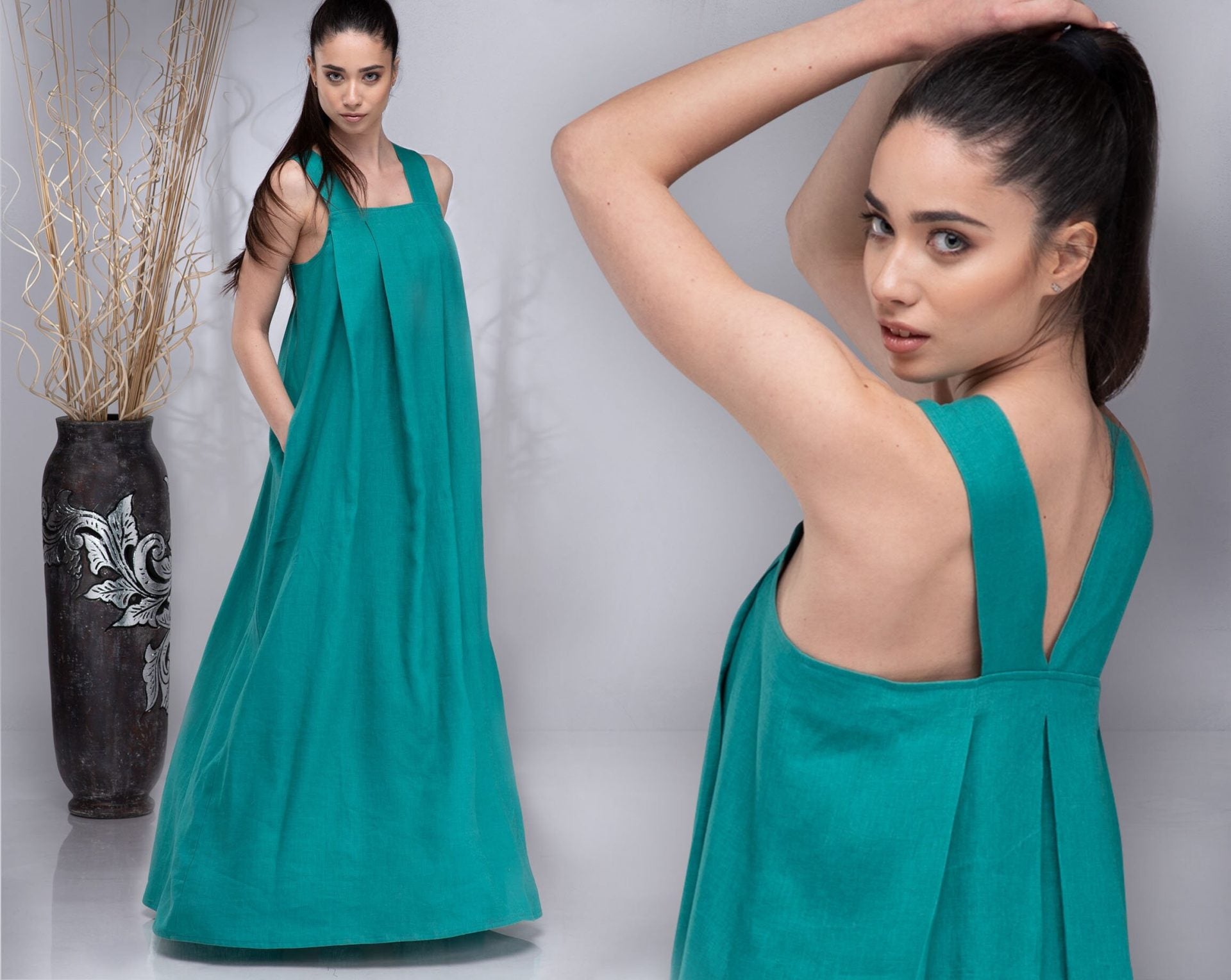 Long Linen Maxi Apron Boho Dress with Squared Neckline