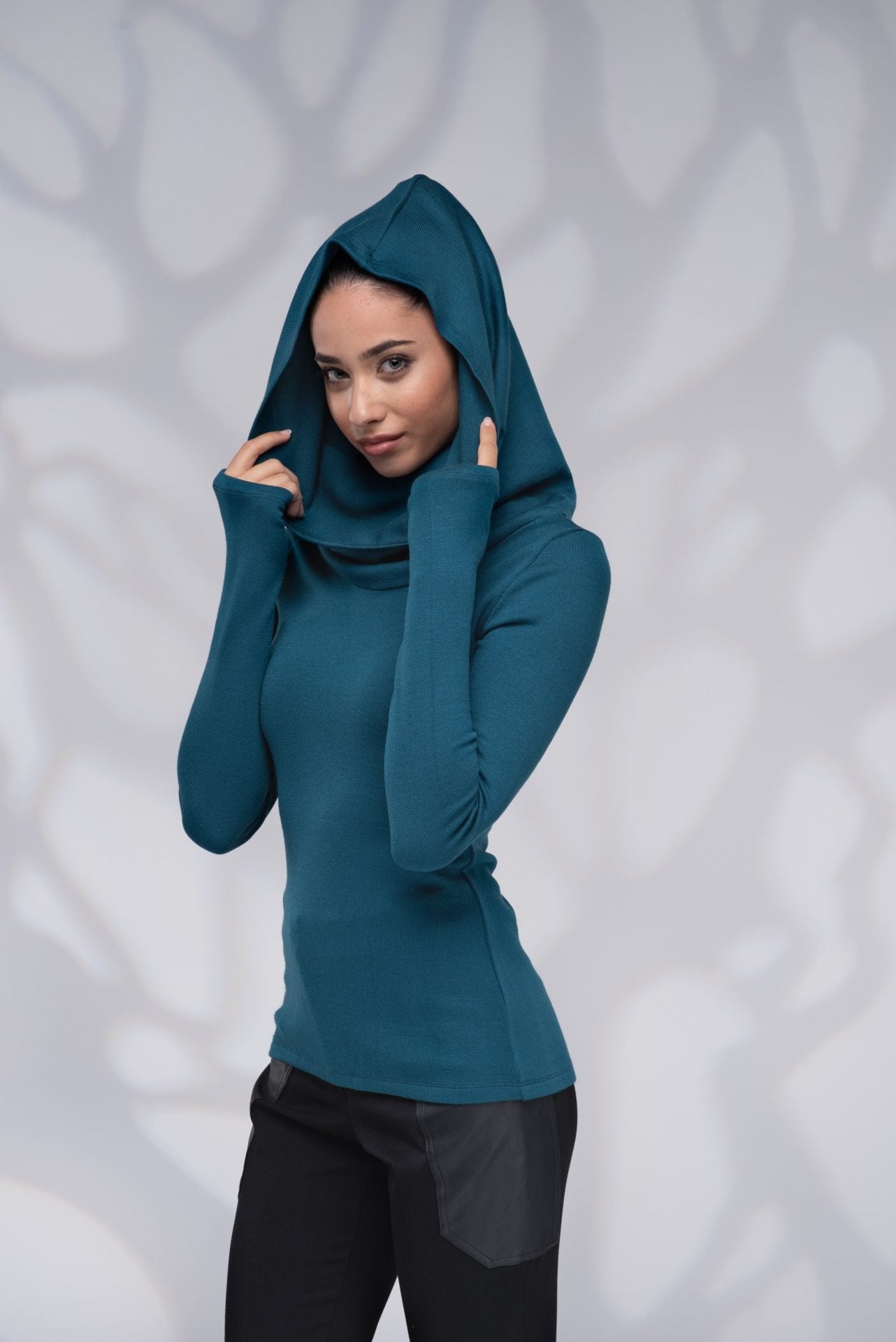 Cowl Hooded Teal Blue Winter Sweater