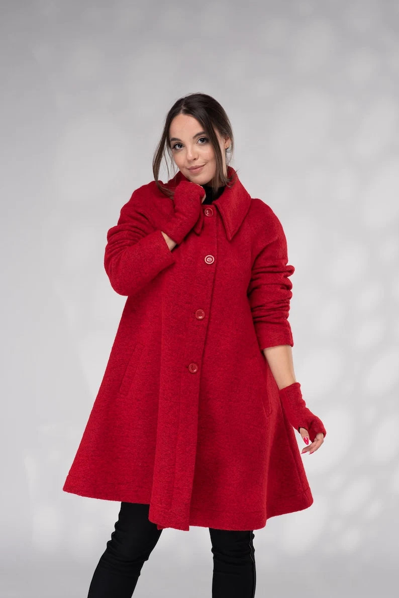 Red Winter Wool Swing Coat A-line 1950s Coat