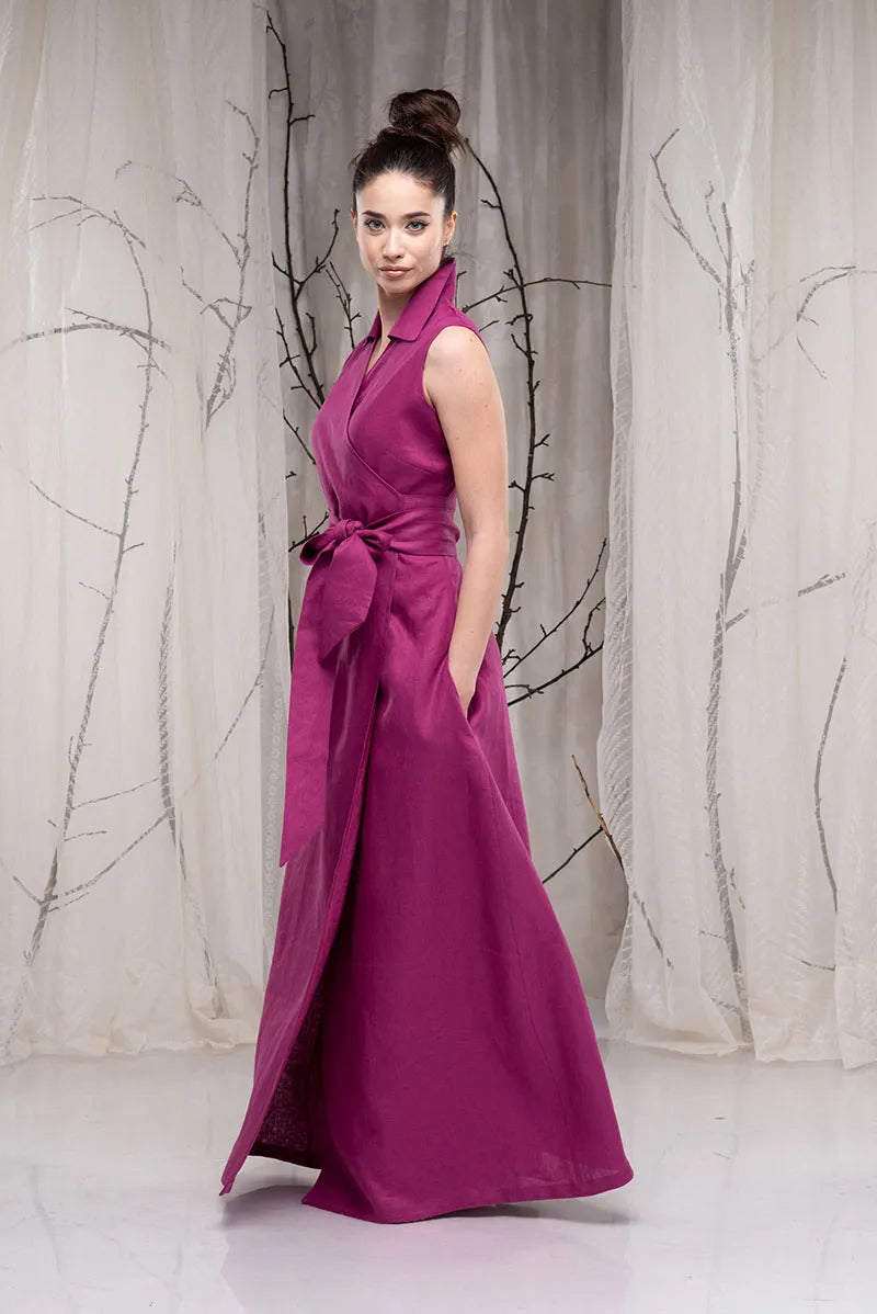 Linen Sleeveless Purple Wedding Guest Dress - Long Maxi Wrap Dress