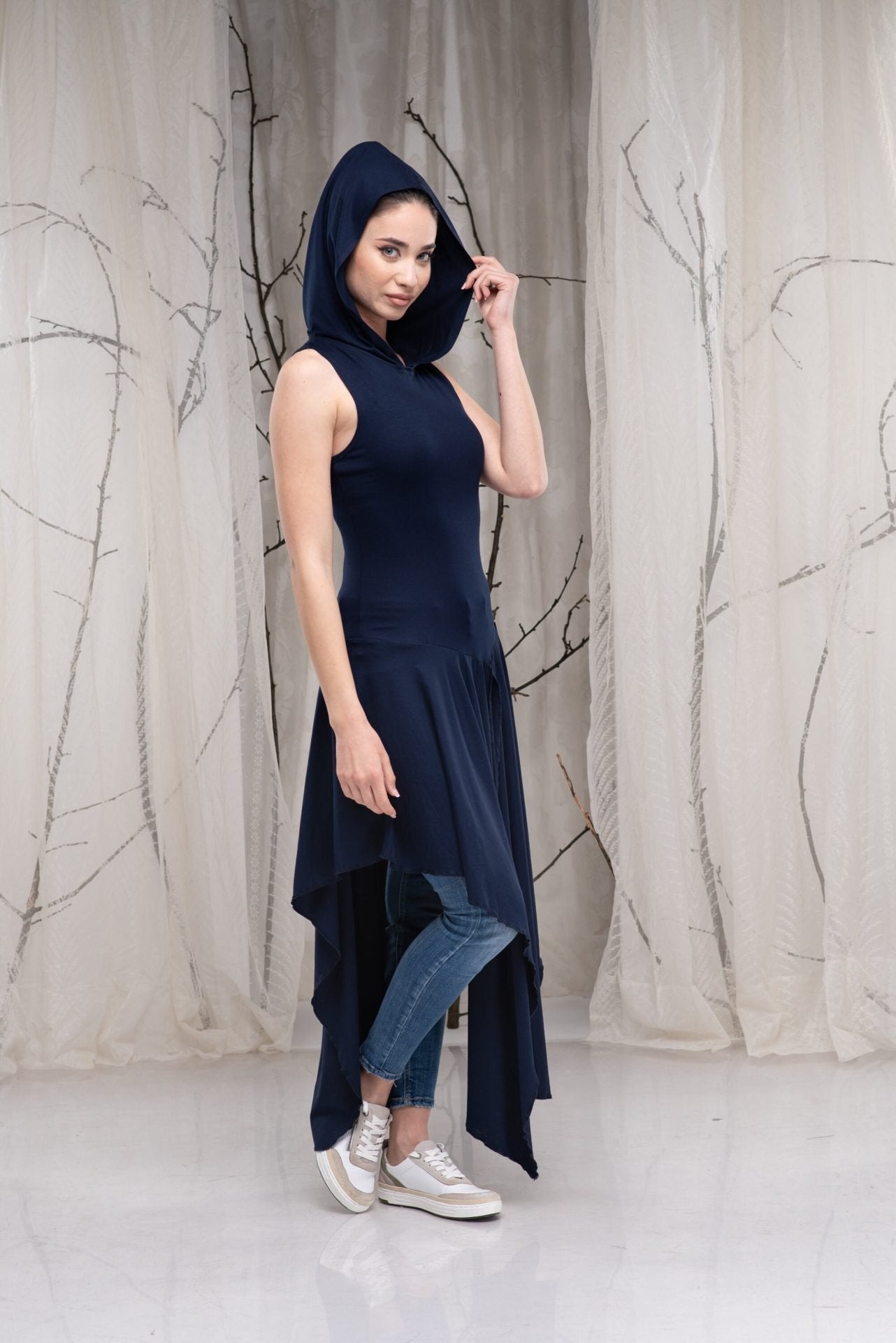 Long Hooded Asymmetrical Sleeveless Summer Tunic Top