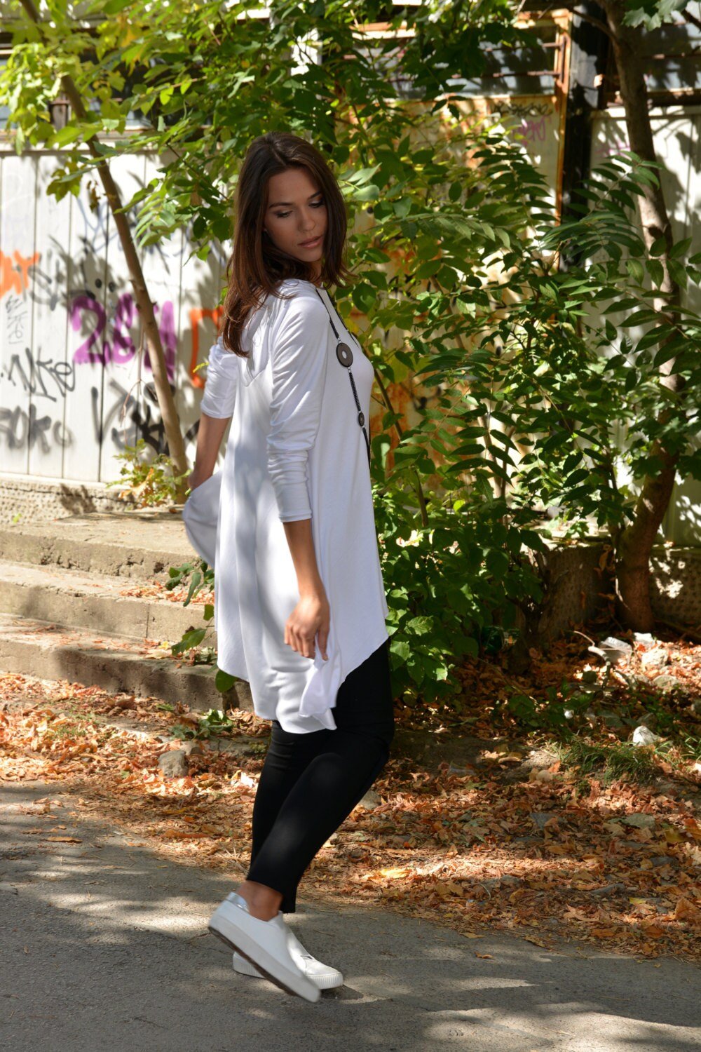 Oversized White Loose Long Sleeve White Tunic Top