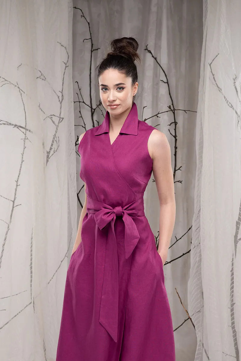 Linen Sleeveless Purple Wedding Guest Dress - Long Maxi Wrap Dress