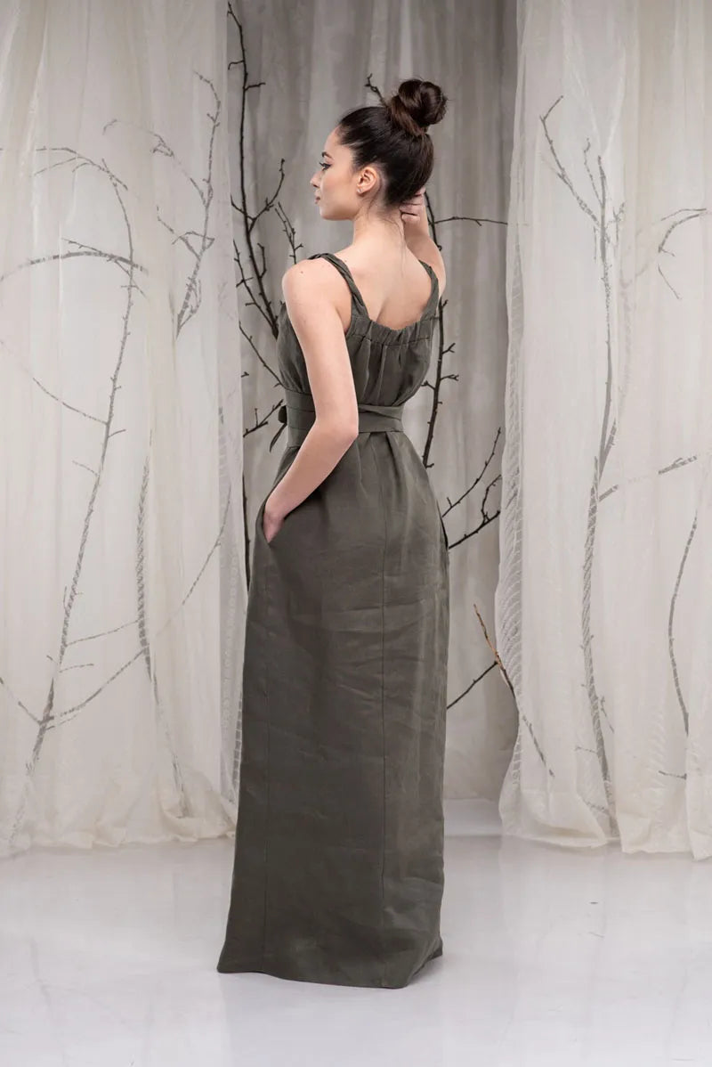 Khaki Long Flax Linen Dress with Obi Belt-Danellys.webp