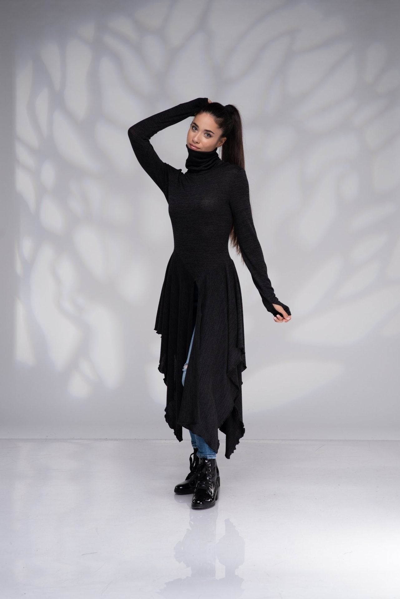 Long Turtleneck Asymmetrical High Low Draped Tunic with Thumb Hole
