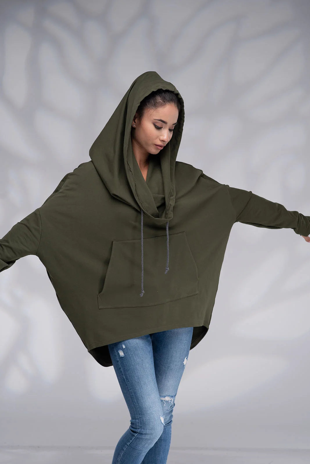 Green Tunic Sweatshirt - Loose Cowl Neck Hoodie