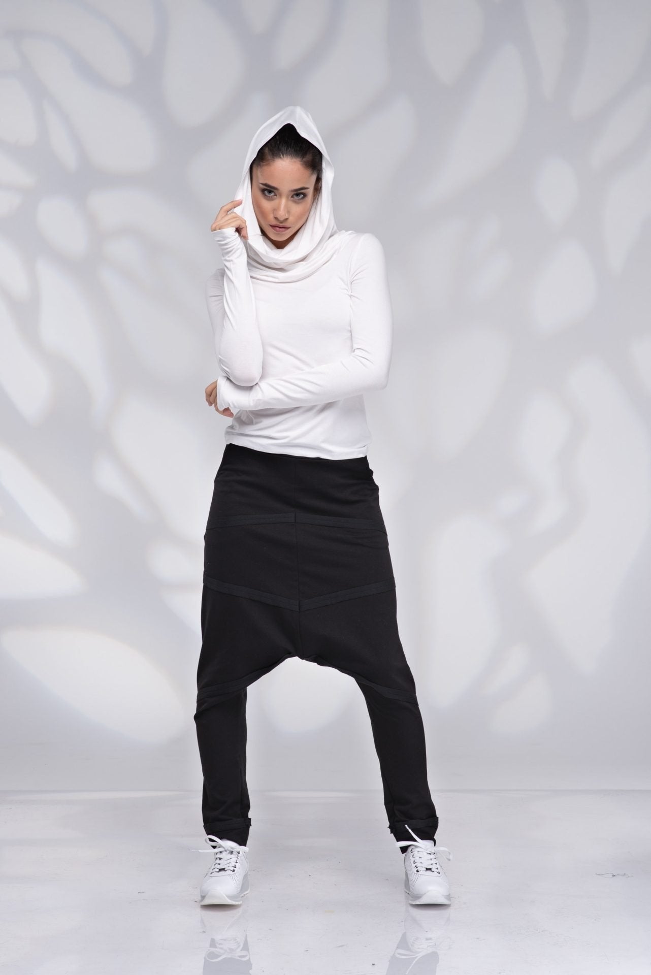 White Cowl Hood Fitted Top with Extra Long Thumb Hole Sleeves