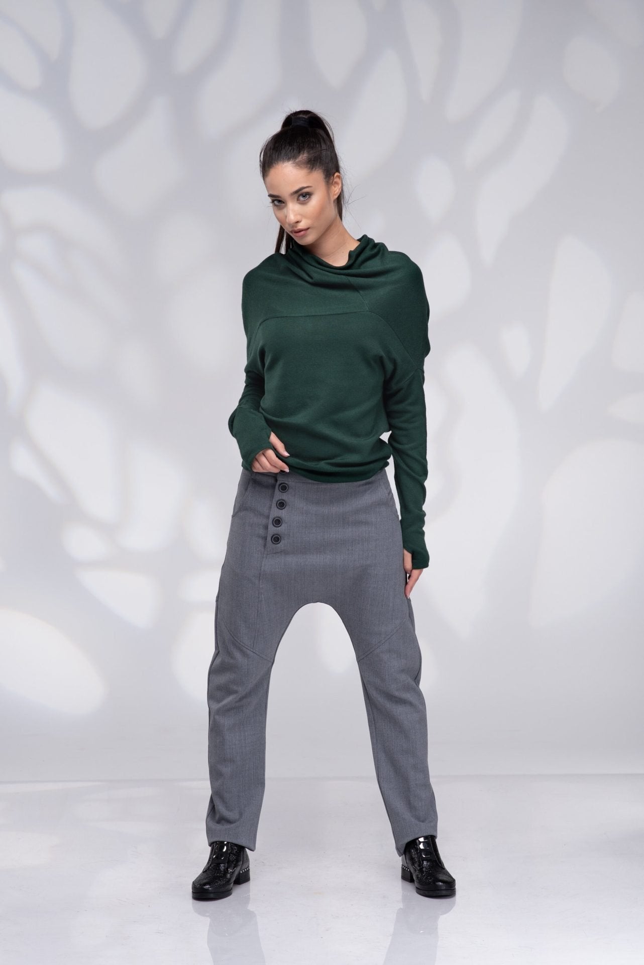 Gray Wool Harem Drop Crotch Baggy Trousers