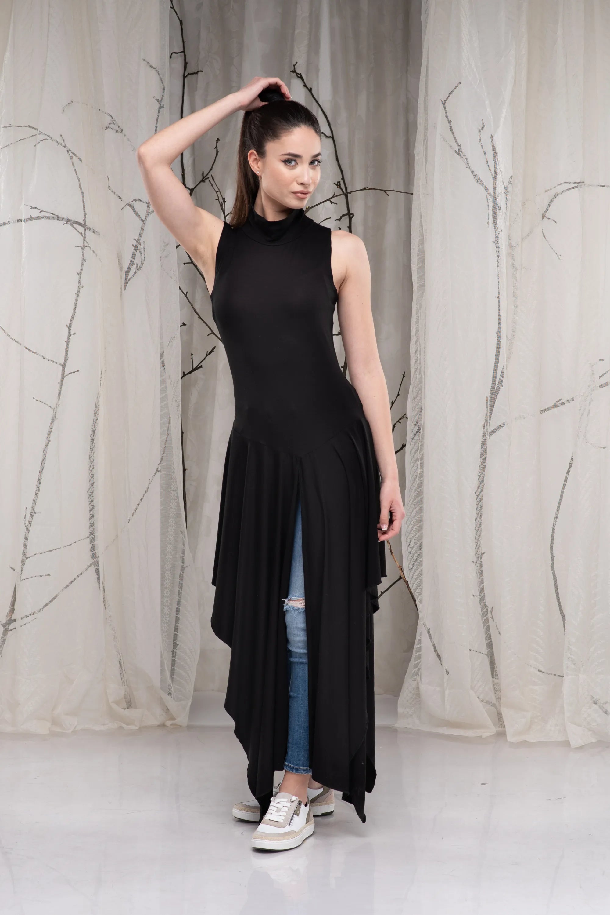 Long Black Turtleneck Asymmetrical Draped Sleeveless Tunic Top-Danellys-2.webp