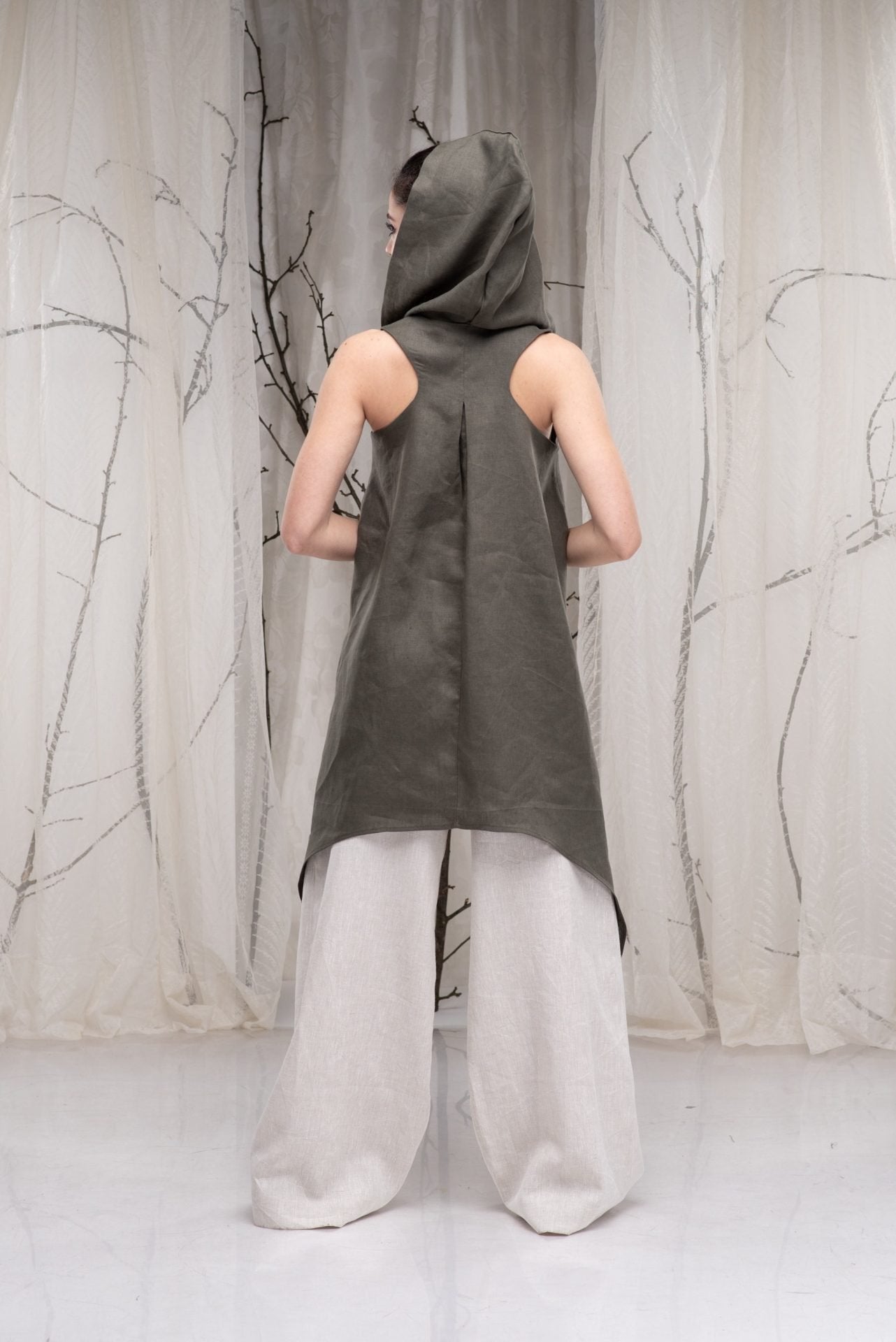 Hooded Linen Asymmetrical Sleeveless Oversized Tunic Shirt