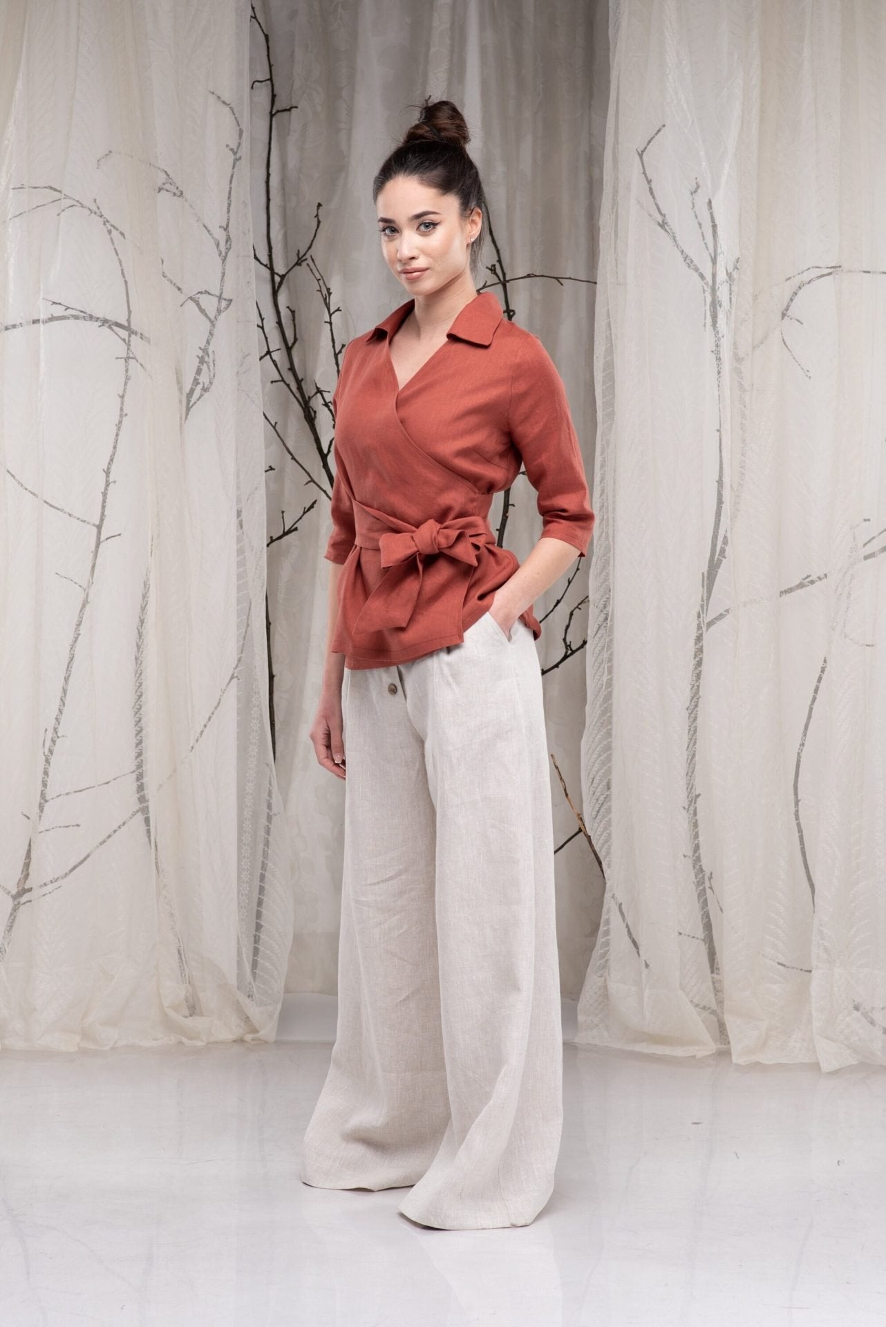 Linen Wide Leg Palazzo Trousers with Two Pockets