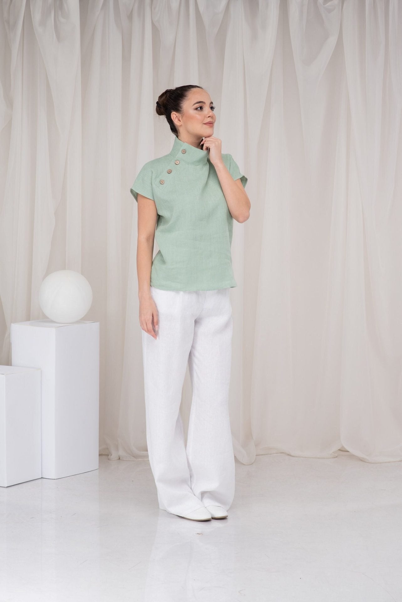 Flax Pure Linen Button up Blouse with Short Sleeve