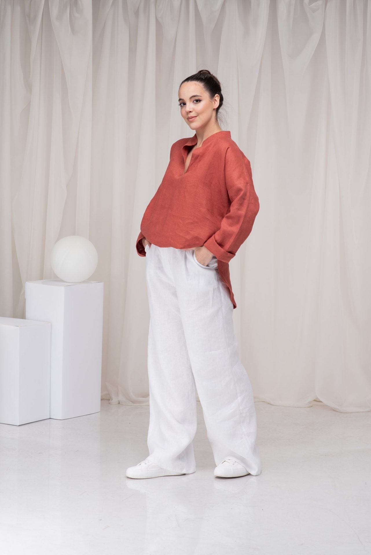 White Linen Wide Leg Palazzo Summer Pants with Two Pockets