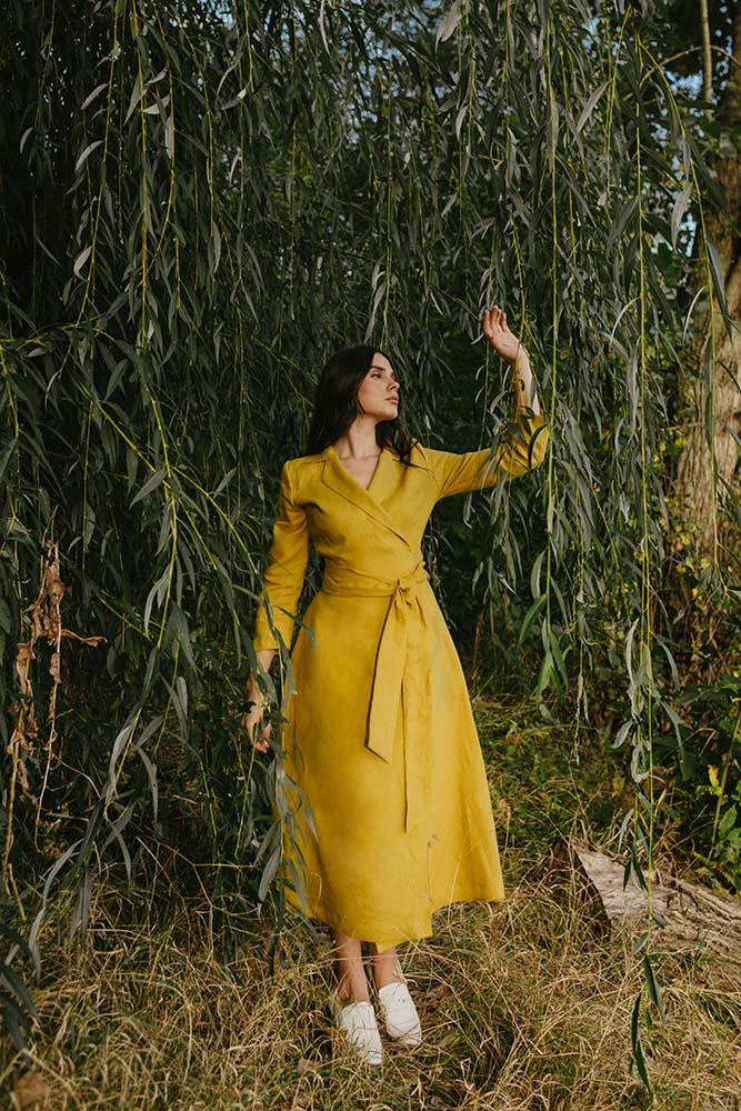 Mustard Yellow Wrap Linen Midi Dress with Long Sleeve and Shawl Collar
