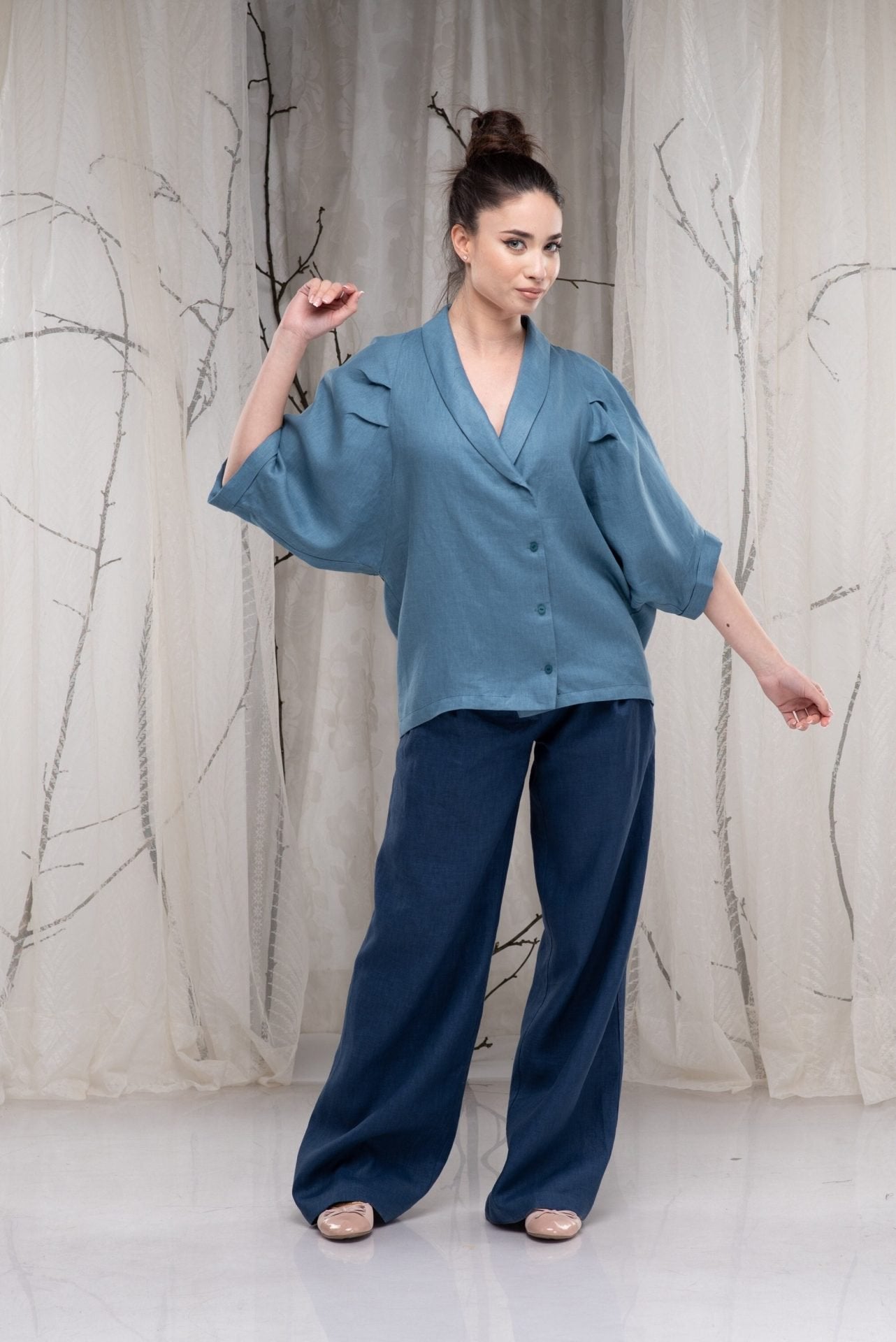 Loose Linen Shawl Collar Blouse with Short Kimono Sleeves