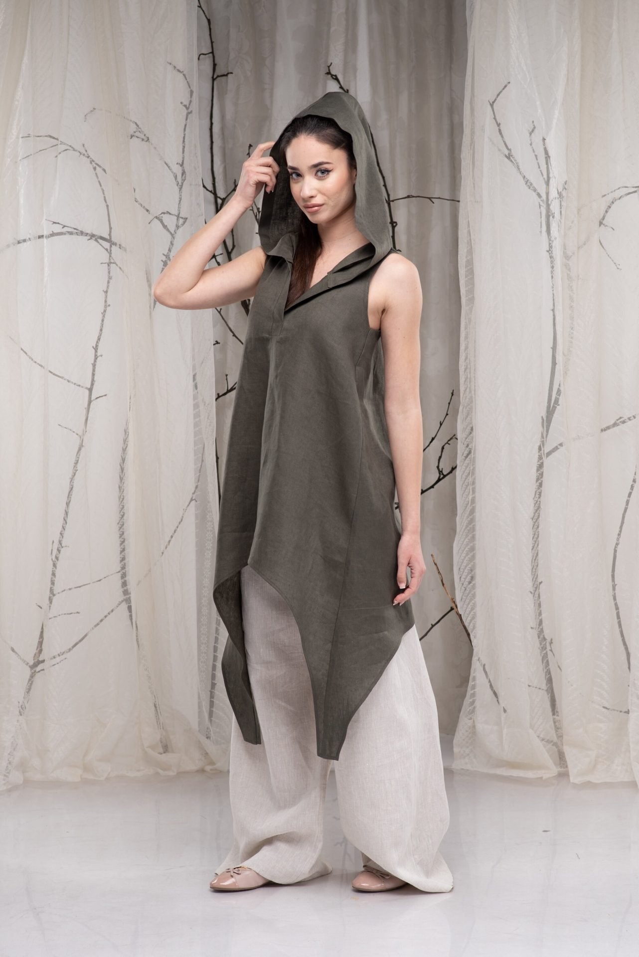 Hooded Linen Asymmetrical Sleeveless Oversized Tunic Shirt