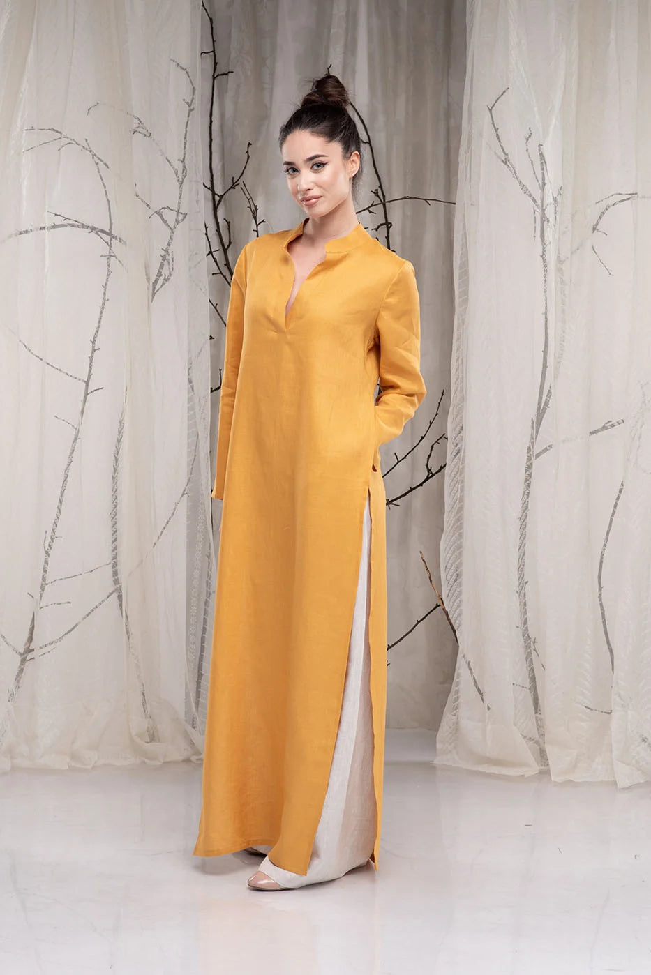 Long Linen Tunic Dress with Two Side Slits and Long Sleeves-Danellys-5.webp