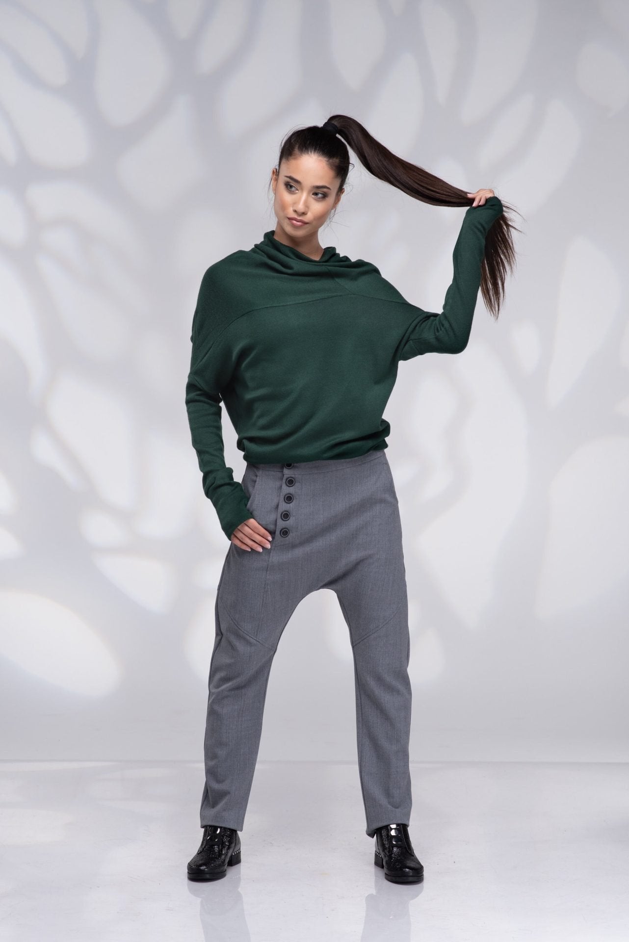 Gray Wool Harem Drop Crotch Baggy Trousers