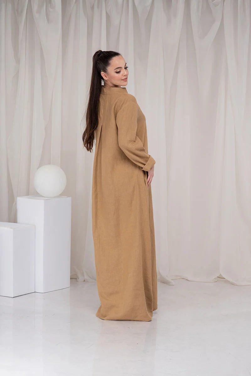 Plus Size Linen Dress - Beige Long Abaya Dress with Two Pockets