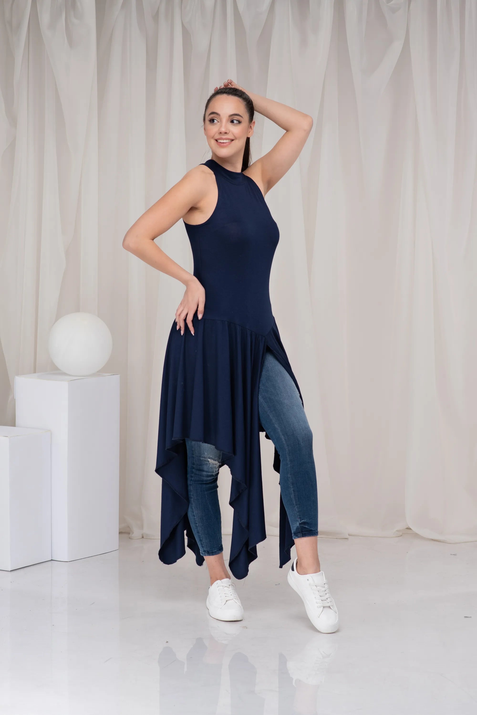 Long Blue Asymmetrical Summer Draped Tank Tunic-Danellys.webp