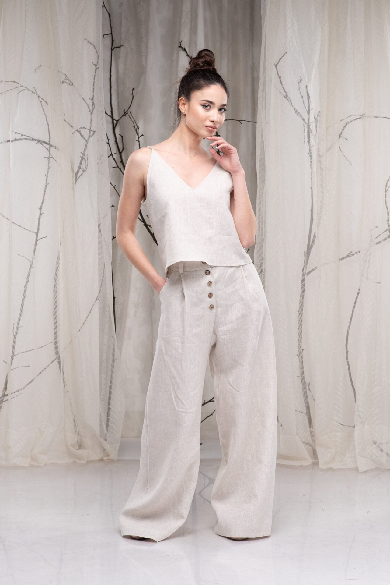 Linen Spaghetti Strap V Neck Tank Top