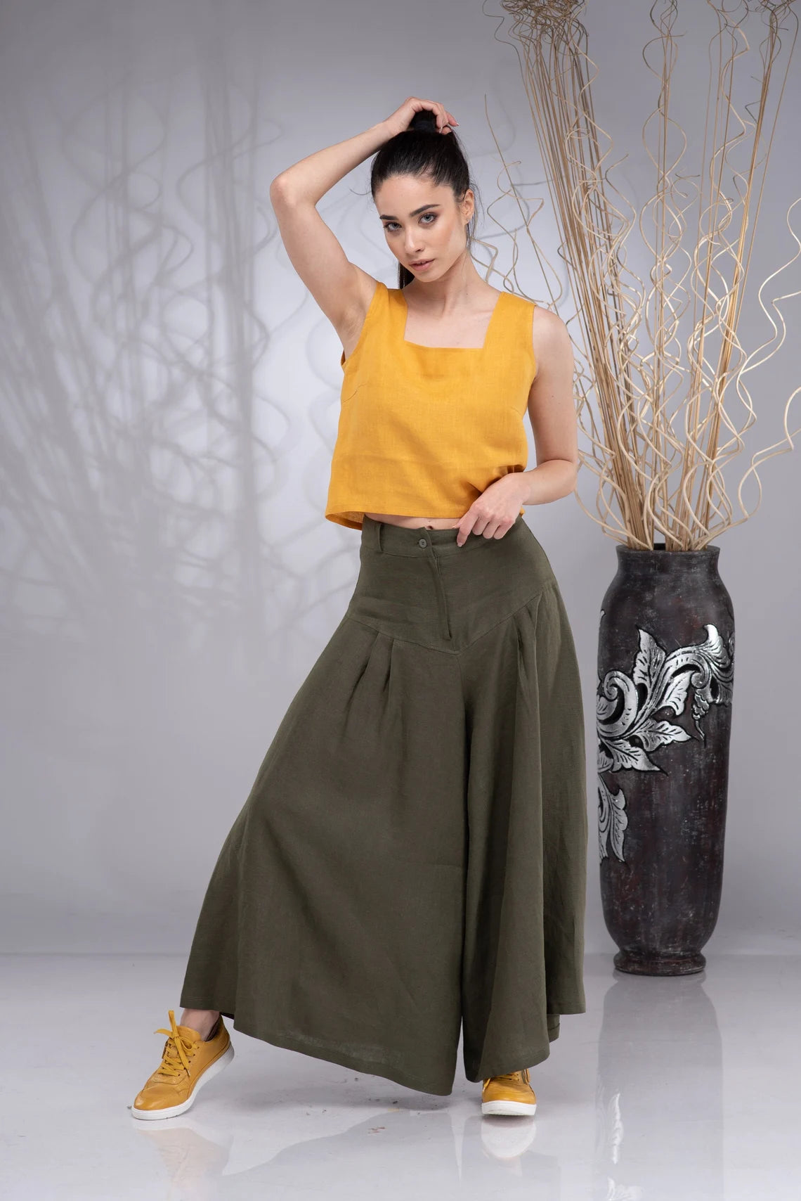 Khaki Linen Wide Leg Boho Palazzo Culottes-Danellys-2.webp