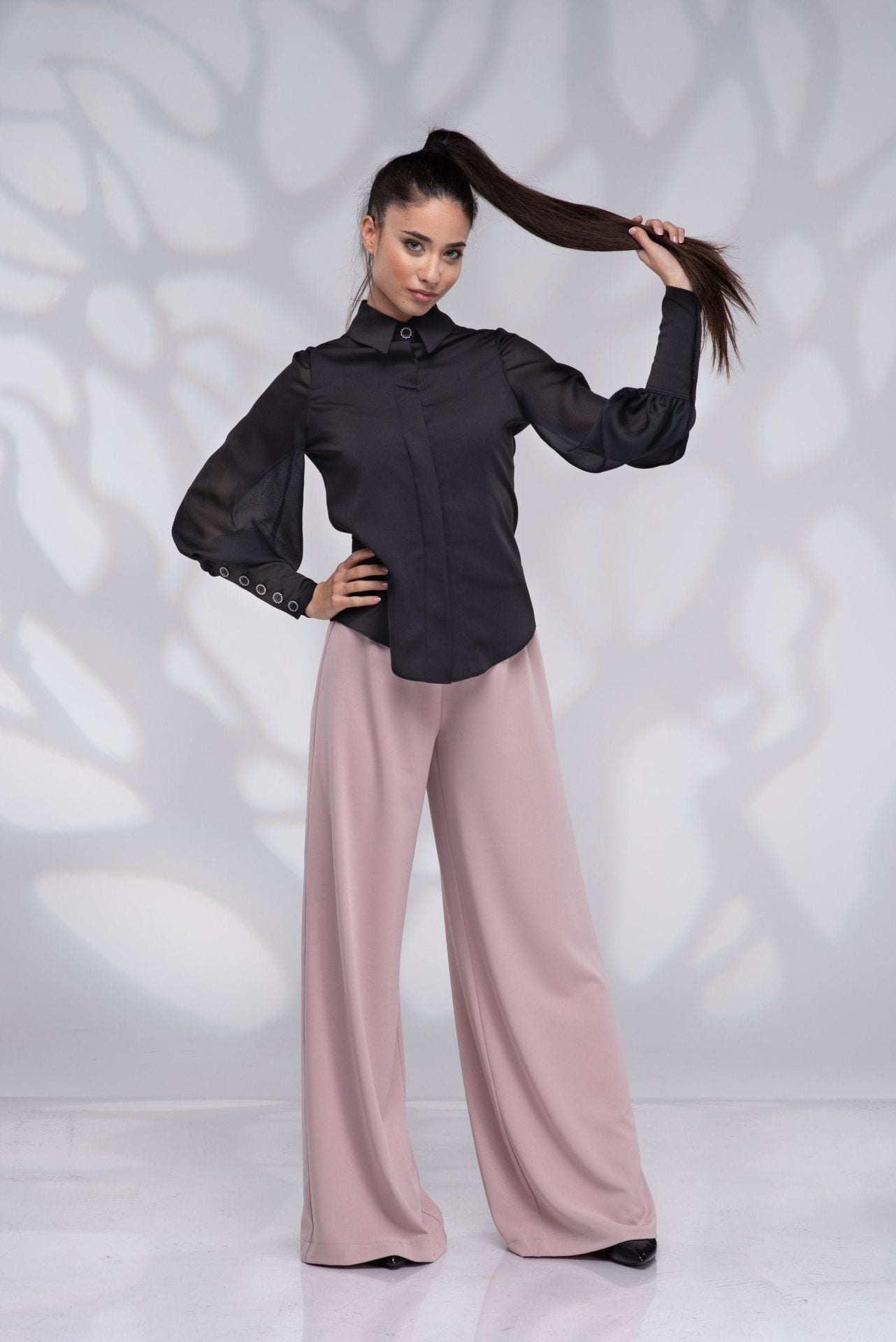 Black Button Up Victorian Long Puff Sleeve Blouse with Collar