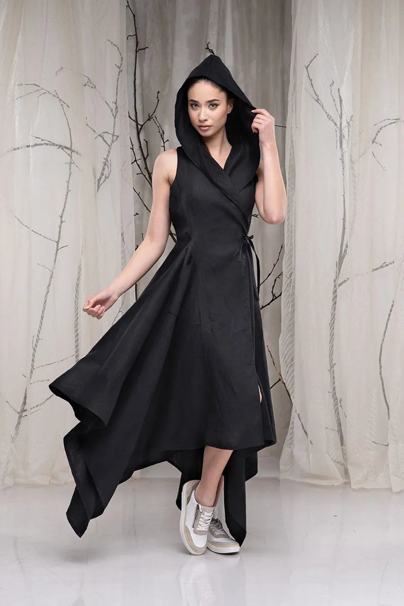 Hooded Linen Wrap Asymmetrical Black Gothic Dress
