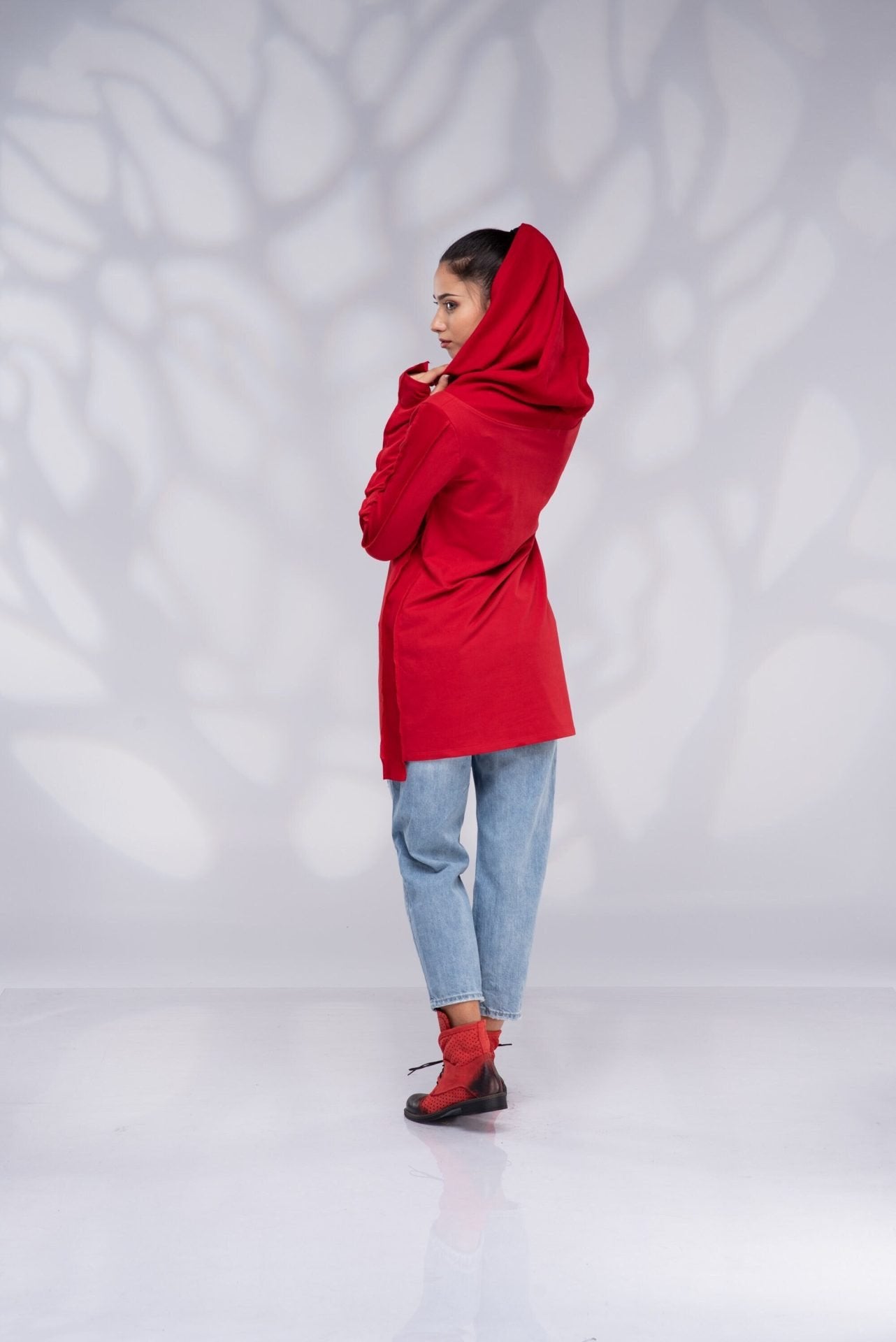 Cowl Neck Loose Loungewear Pixie Hoodie Sweatshirt with Thumb Hole
