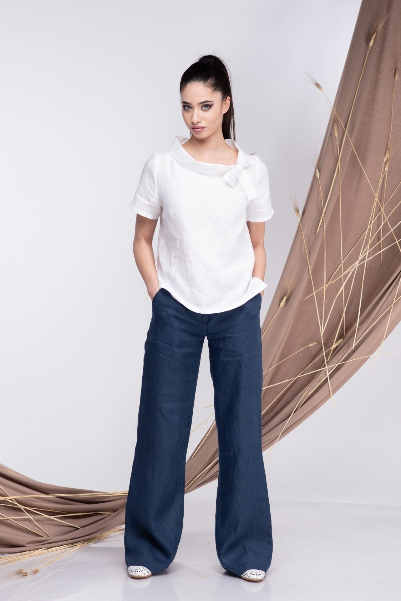 White Linen Short Sleeve Top