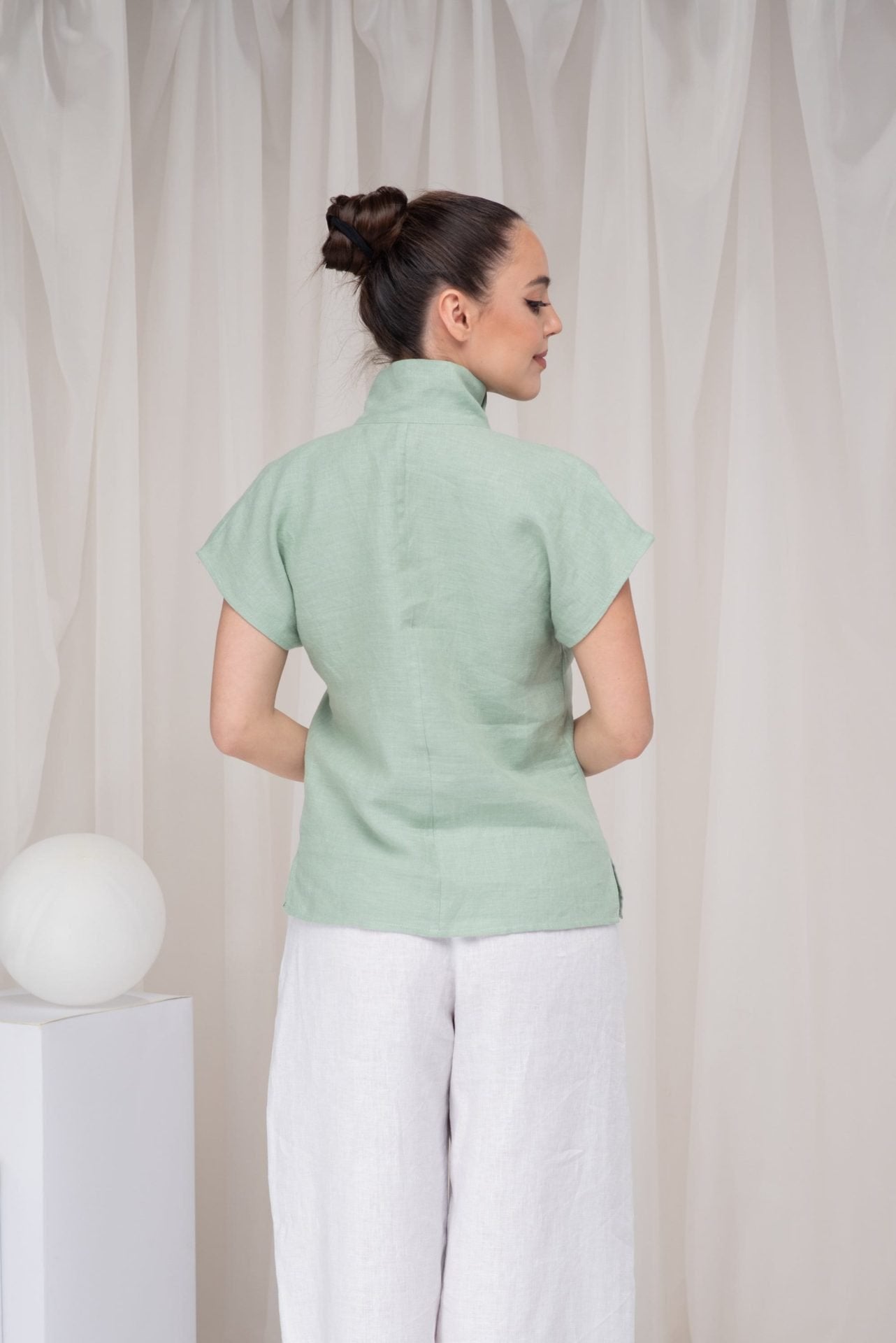 Elegant Office Linen Short Sleeve Mint Summer Blouse