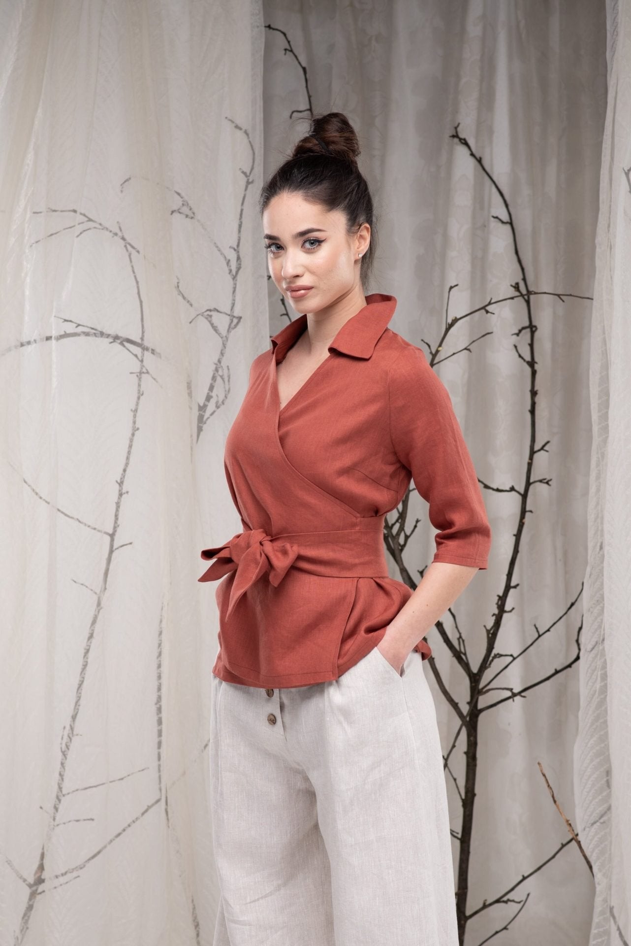 Summer Linen Rust Wrap Kimono Top