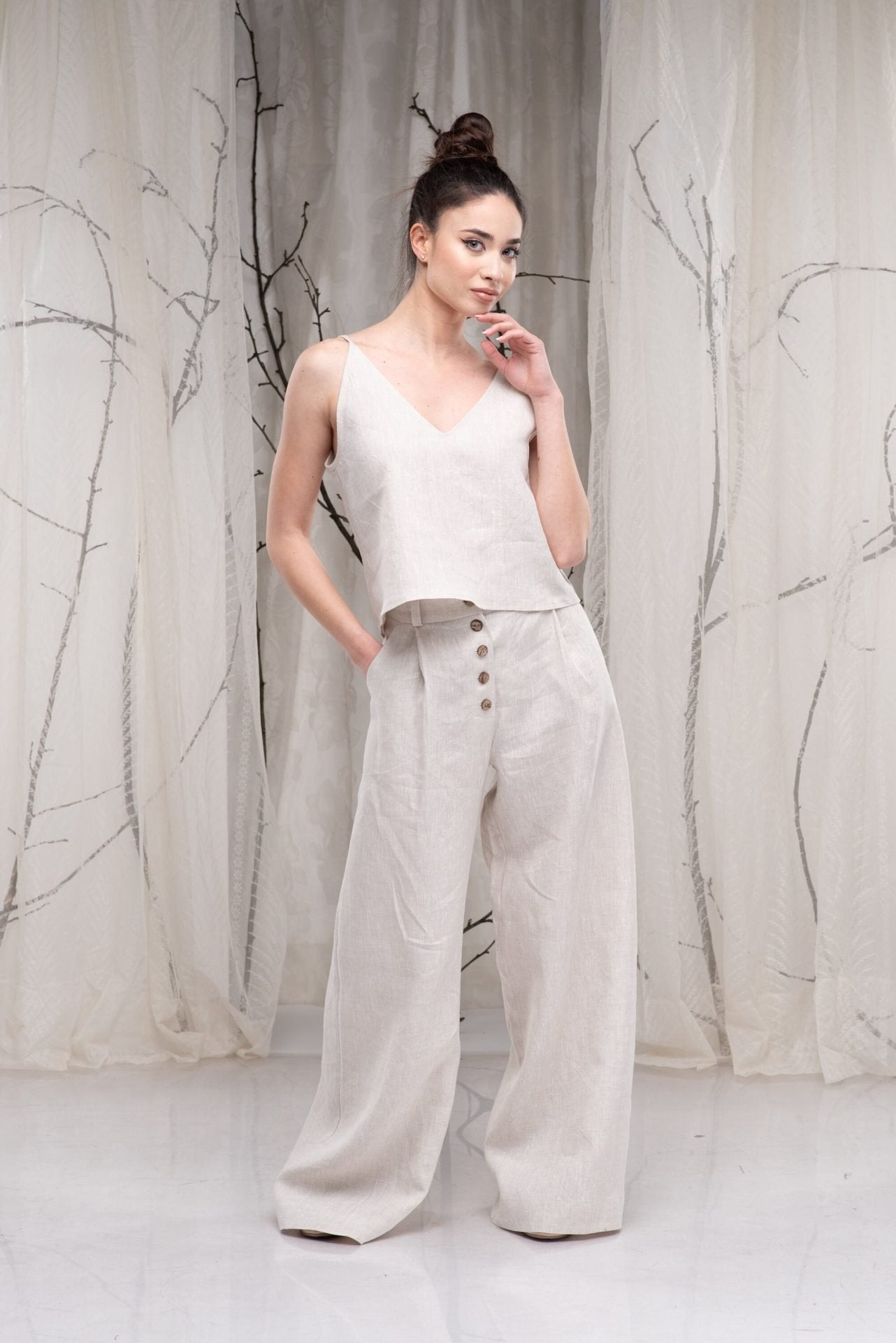 Linen Wide Leg Palazzo Trousers with Two Pockets