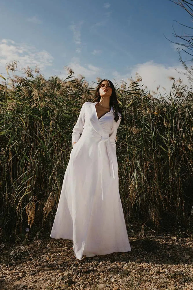 Classic White Linen Wrap Dress with V-Neck and Tie Waist