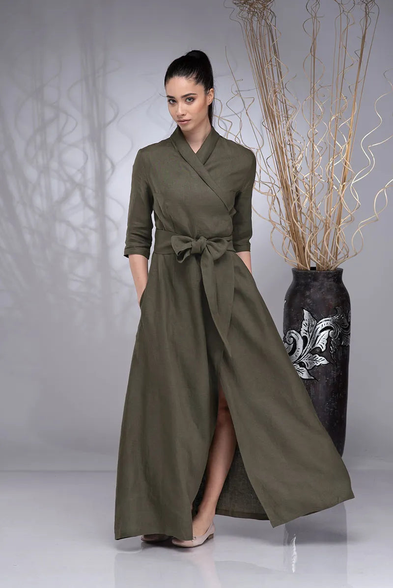Linen Wrap Boho Maxi Shawl Collar Dress-2.webp