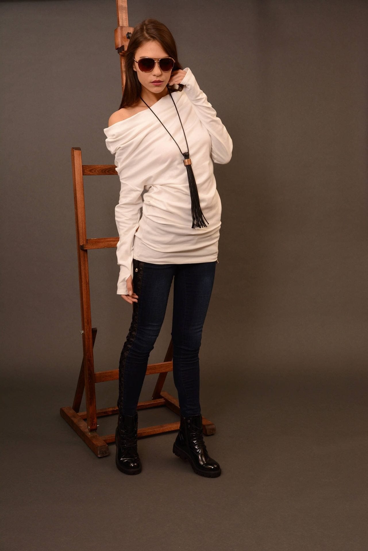 Knit Wool White Pullover Off Shoulder Sweater
