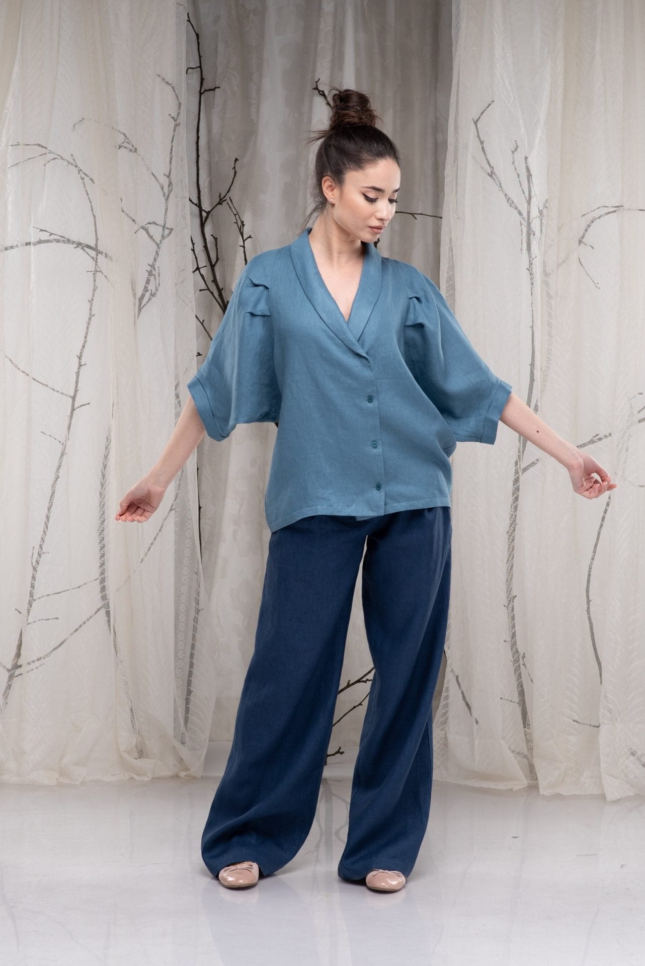 Loose Linen Shawl Collar Blouse with Short Kimono Sleeves