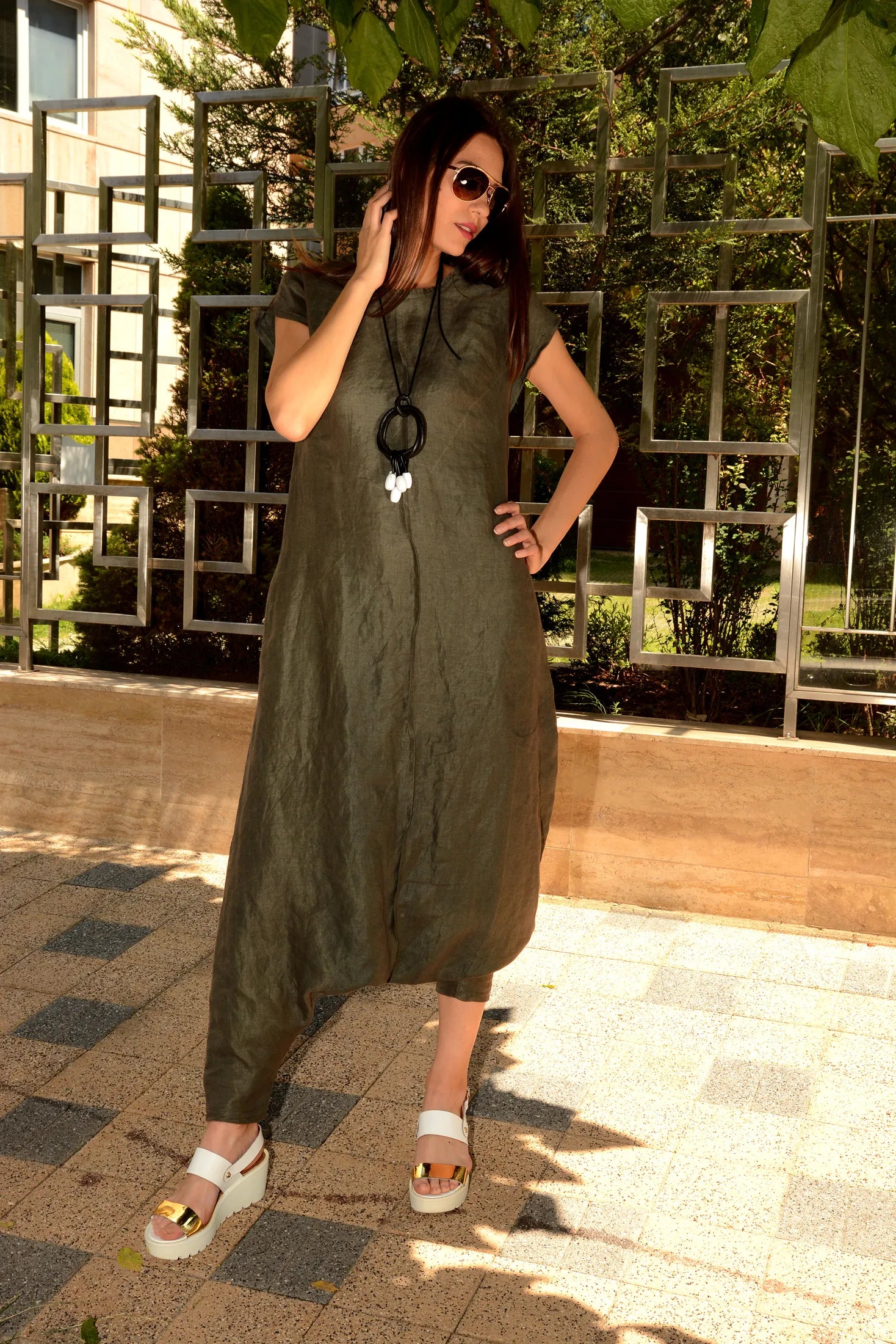 Linen Harem Plus Size Drop Crotch Jumpsuit-Danellys.webp