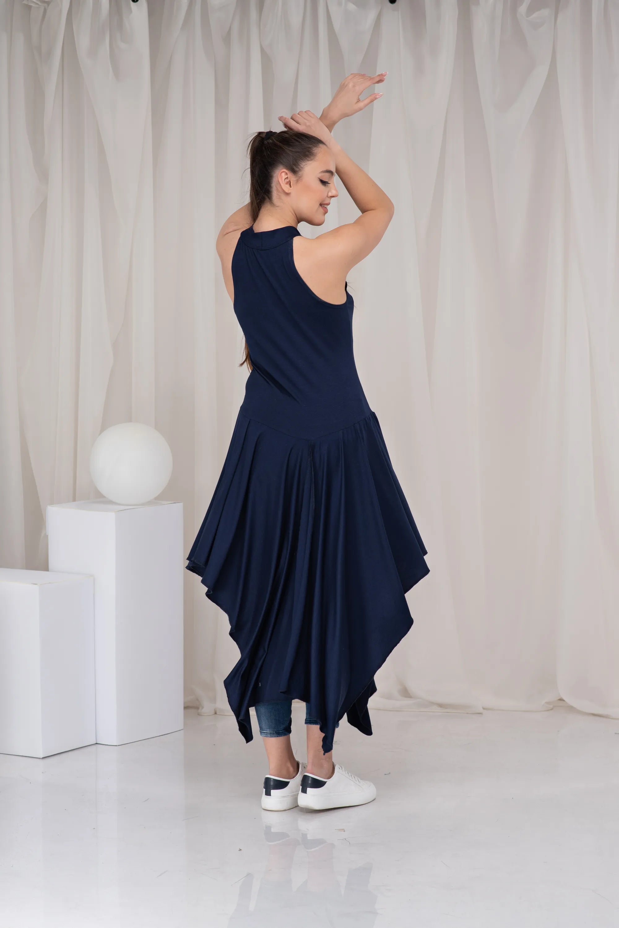 Long Blue Asymmetrical Summer Draped Tank Tunic-Danellys-4.webp