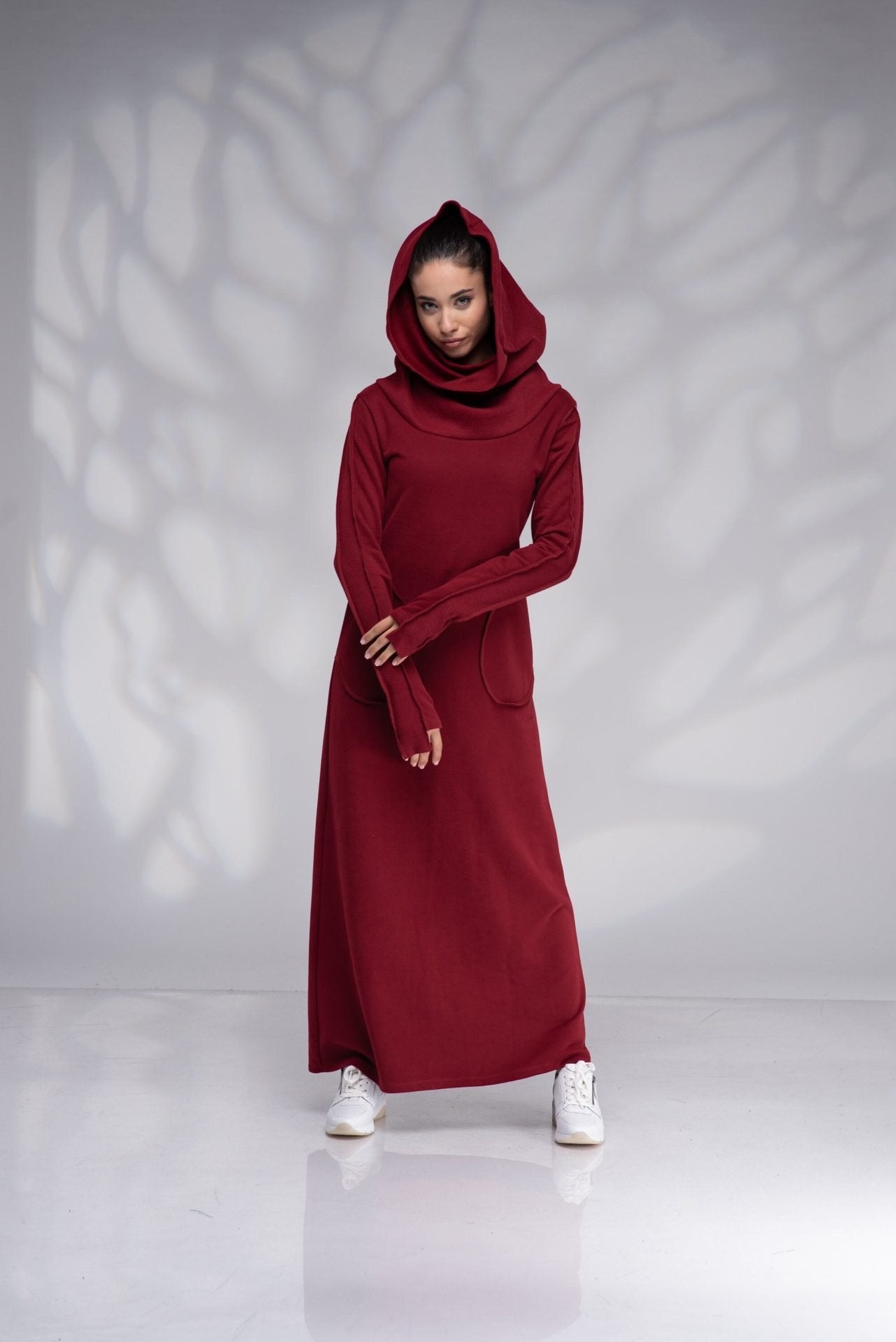 Long Winter Maxi Elven Sweatshirt Dress with Cowl Hood and Thumb Hole Sleeves