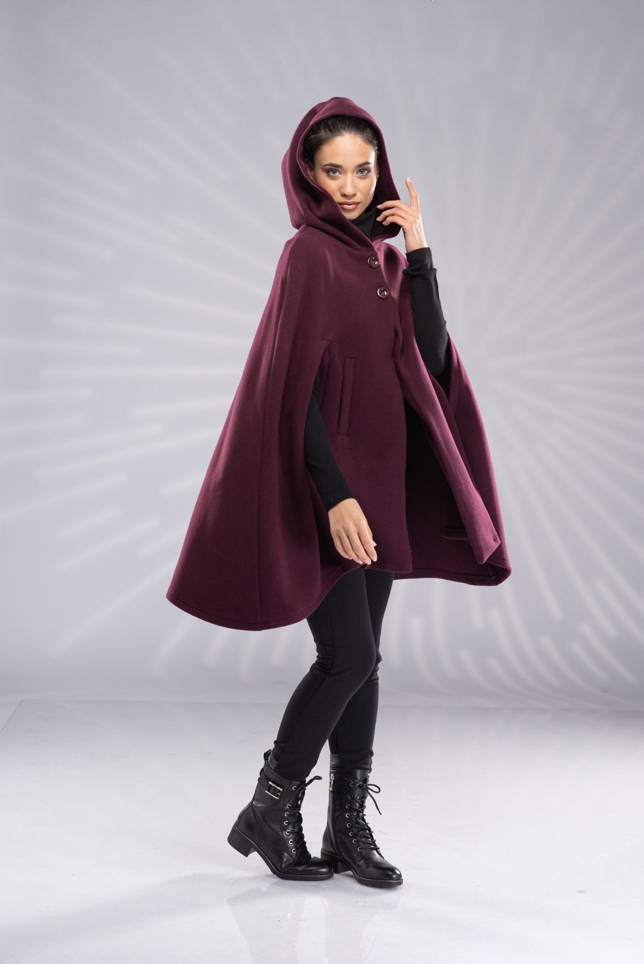 Wool Hooded Cape Coat Winter Short Cloak Wool Poncho