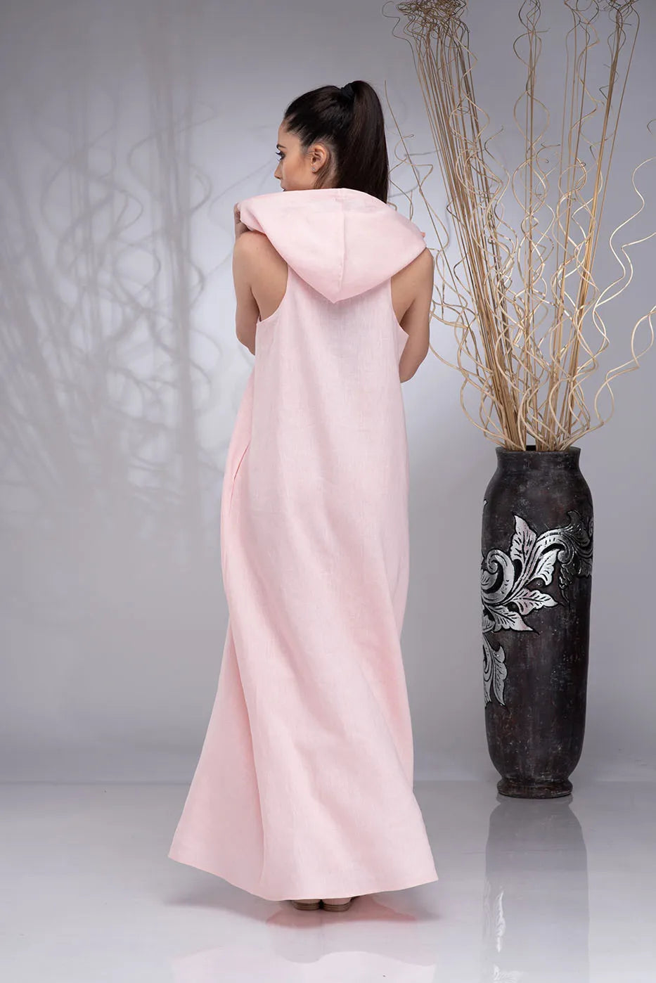 Black Linen Hoodie Dress with Zipper made of Pure Linen